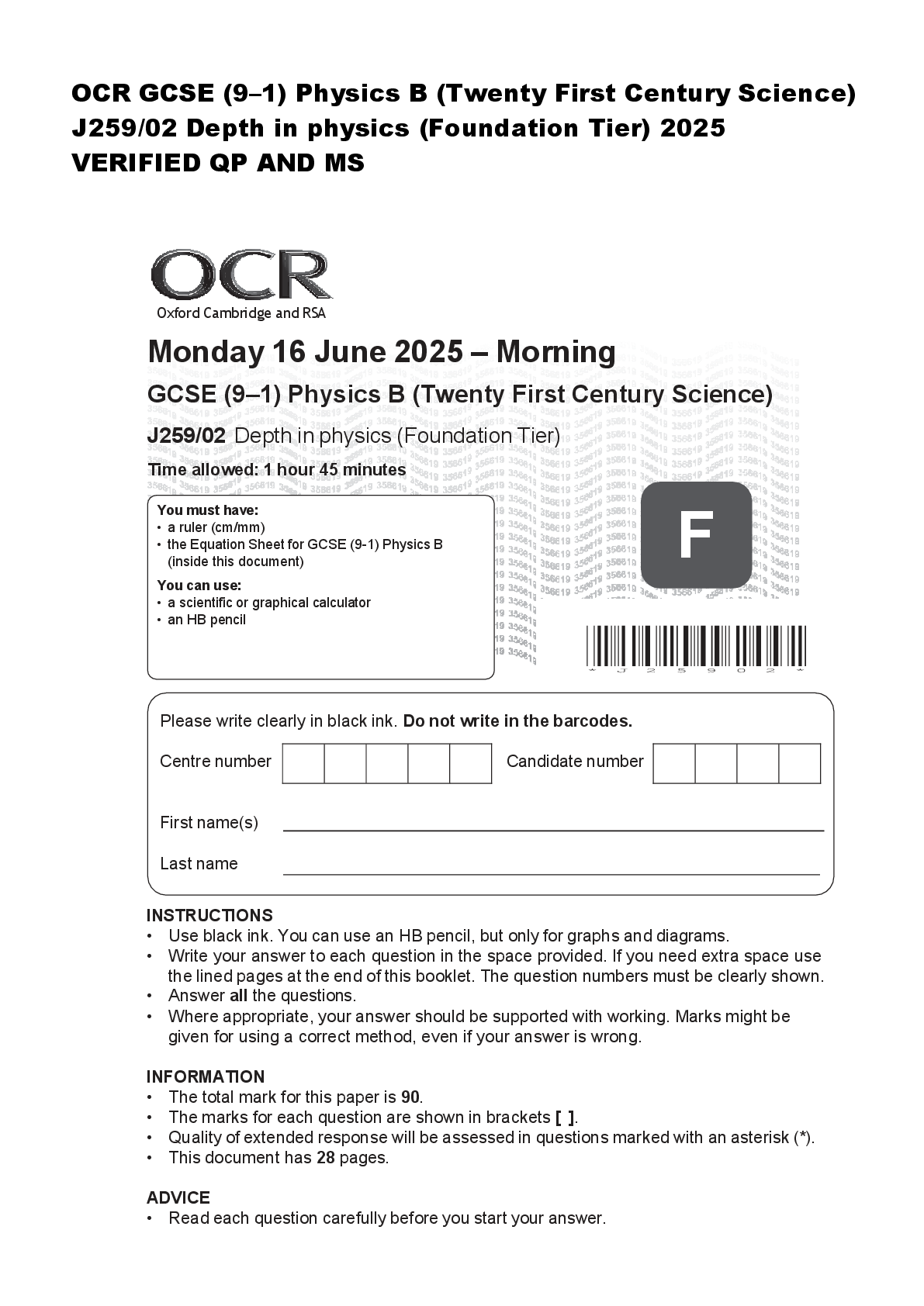 Preview image for OCR GCSE (9–1) Physics B (Twenty First Century Science)  J259/02 Depth in physics (Foundation Tier) 2025  VERIFIED QP AND MS