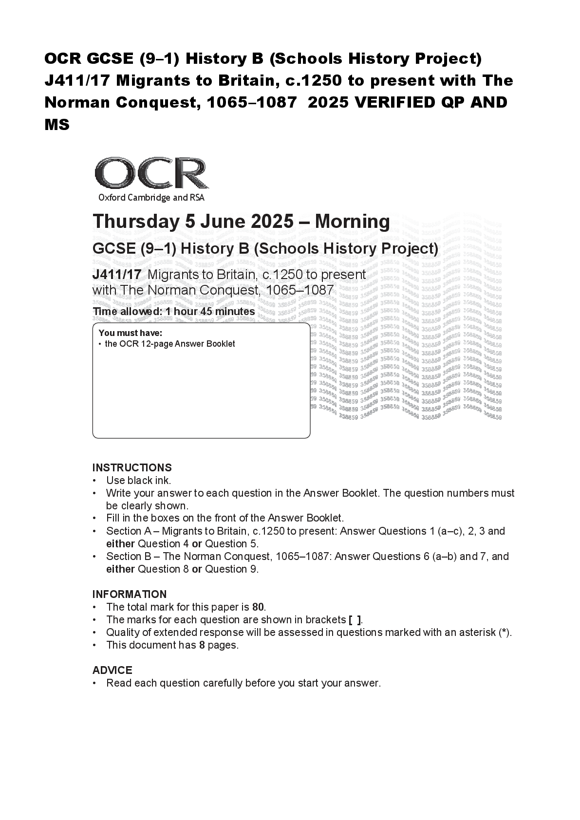 Recommended document preview for OCR GCSE (9–1) History B (Schools History Project)  J411/17 Migrants to Britain, c.1250 to present with The  Norman Conquest, 1065–1087  2025 VERIFIED QP AND  MS