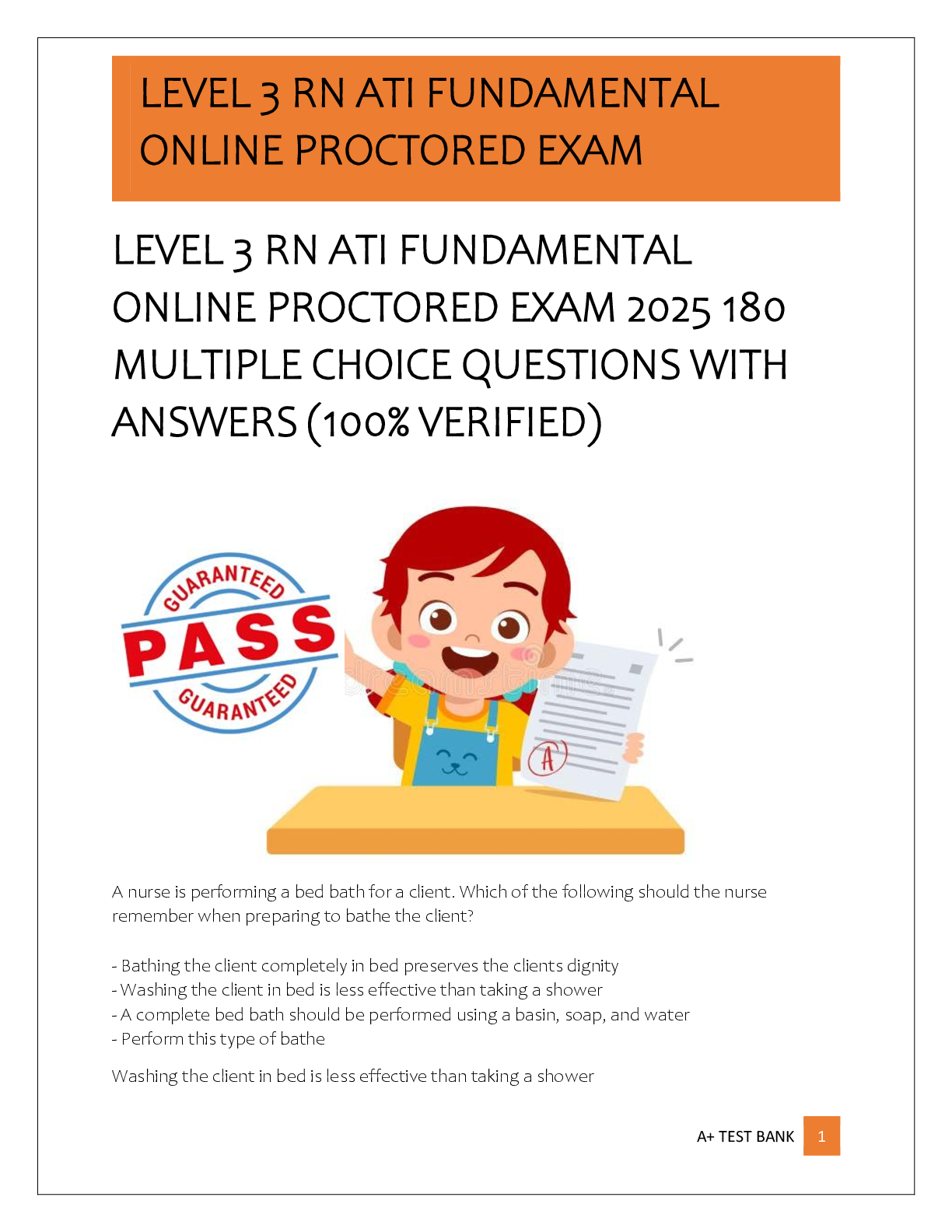 Preview of LEVEL 3 RN ATI FUNDAMENTAL  ONLINE PROCTORED EXAM 2025 180  MULTIPLE CHOICE QUESTIONS WITH