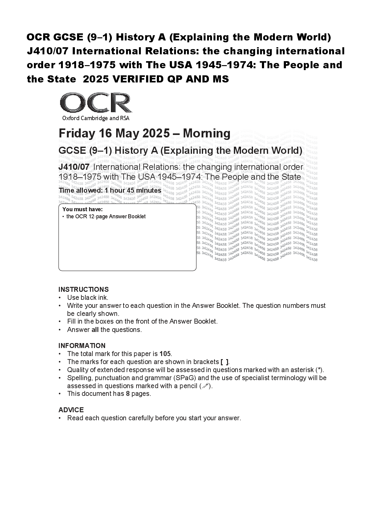 Recommended document preview for OCR GCSE (9–1) History A (Explaining the Modern World)  J410/07 International Relations: the changing international  order 1918–1975 with The USA 1945–1974: The People and  the State  2025 VERIFIED QP AND MS