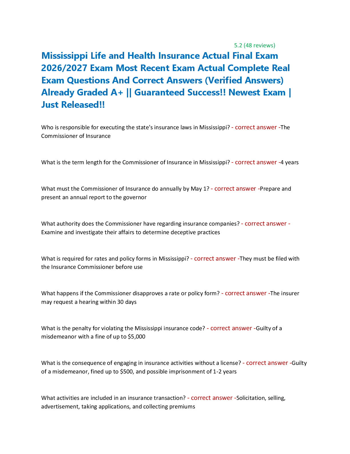 Preview of Mississippi Life and Health Insurance Actual Final Exam  2026/2027 Exam Most Recent Exam A