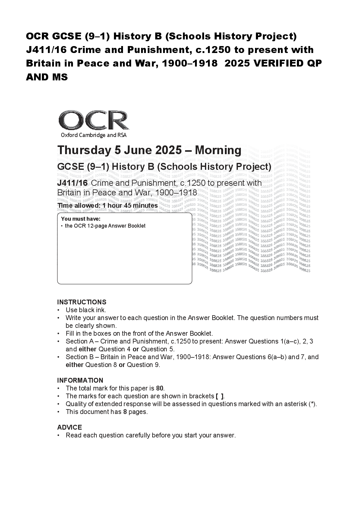 Recommended document preview for OCR GCSE (9–1) History B (Schools History Project)  J411/16 Crime and Punishment, c.1250 to present with  Britain in Peace and War, 1900–1918  2025 VERIFIED QP  AND MS