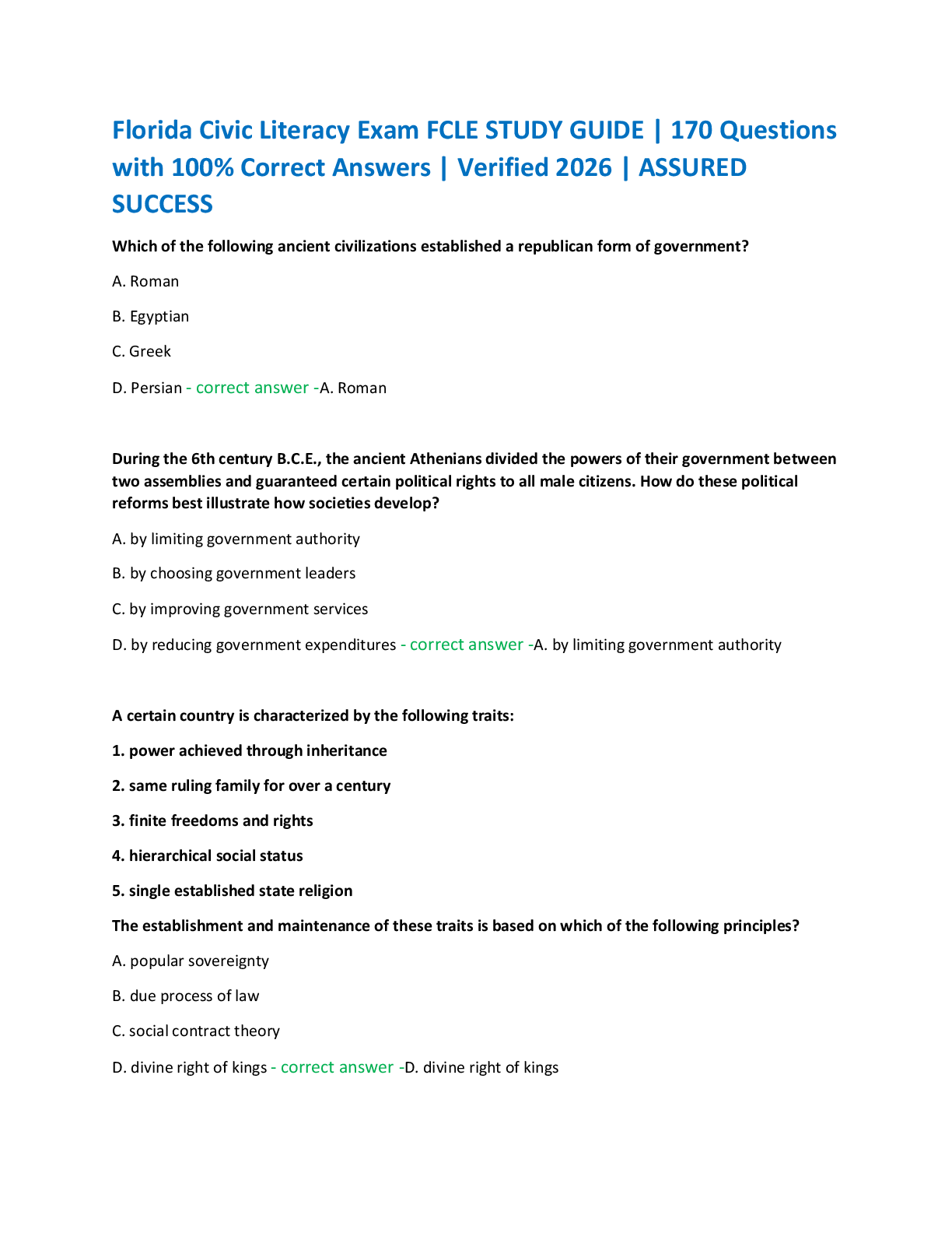 Recommended document preview for Florida Civic Literacy Exam FCLE STUDY GUIDE | 170 Questions  with 100% Correct Answers | Verified 2026 | ASSURED  SUCCESS