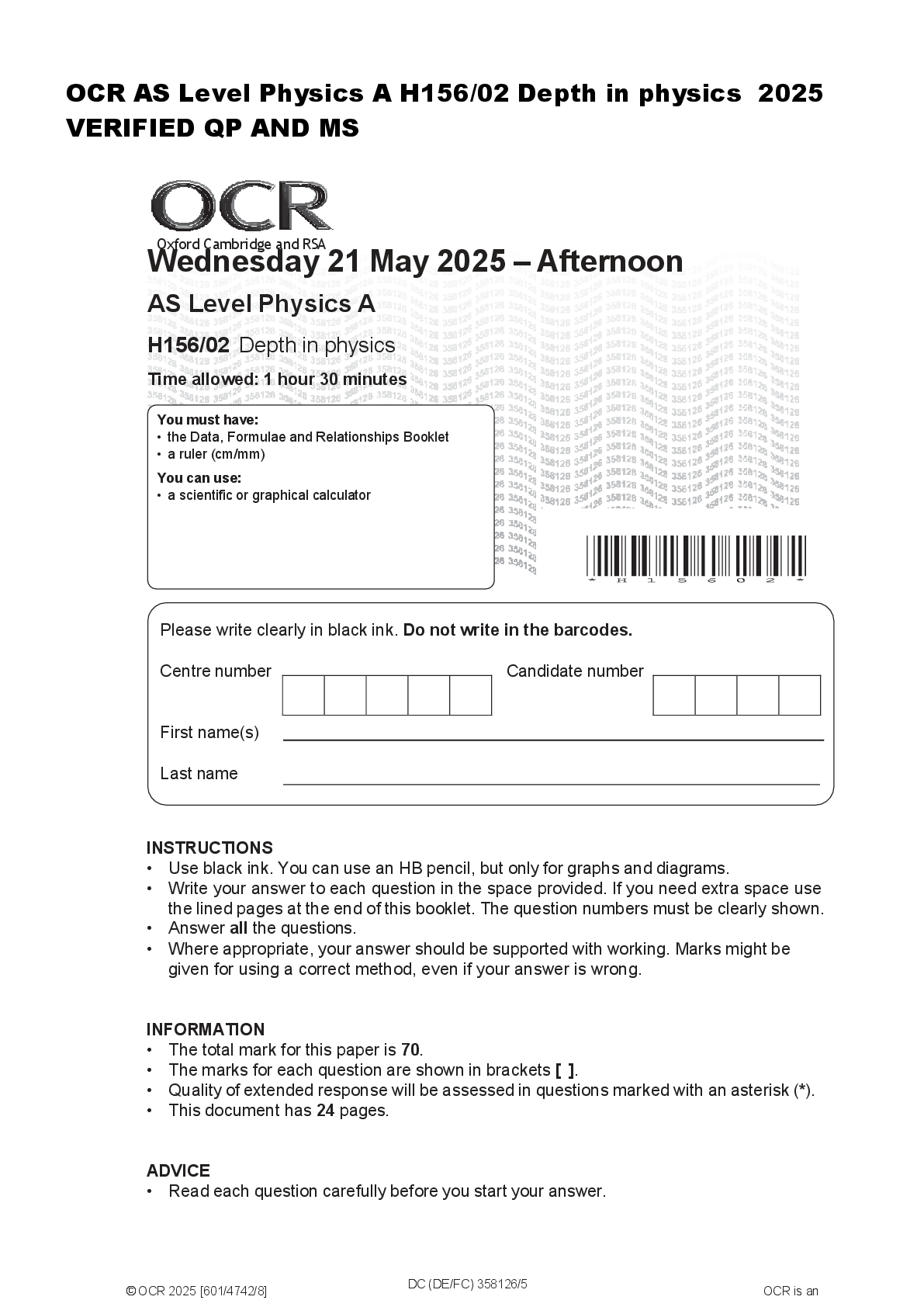 Recommended document preview for OCR AS Level Physics A H156/02 Depth in physics  2025  VERIFIED QP AND MS