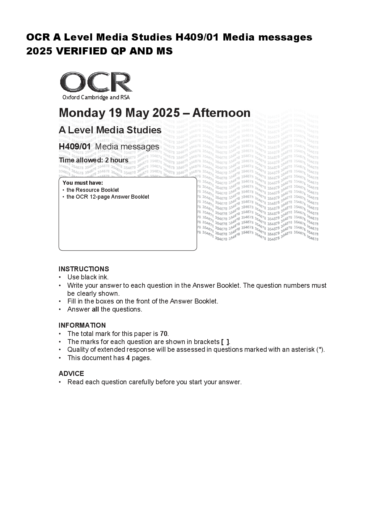 Preview of OCR A Level Media Studies H409/01 Media messages   2025 VERIFIED QP AND MS