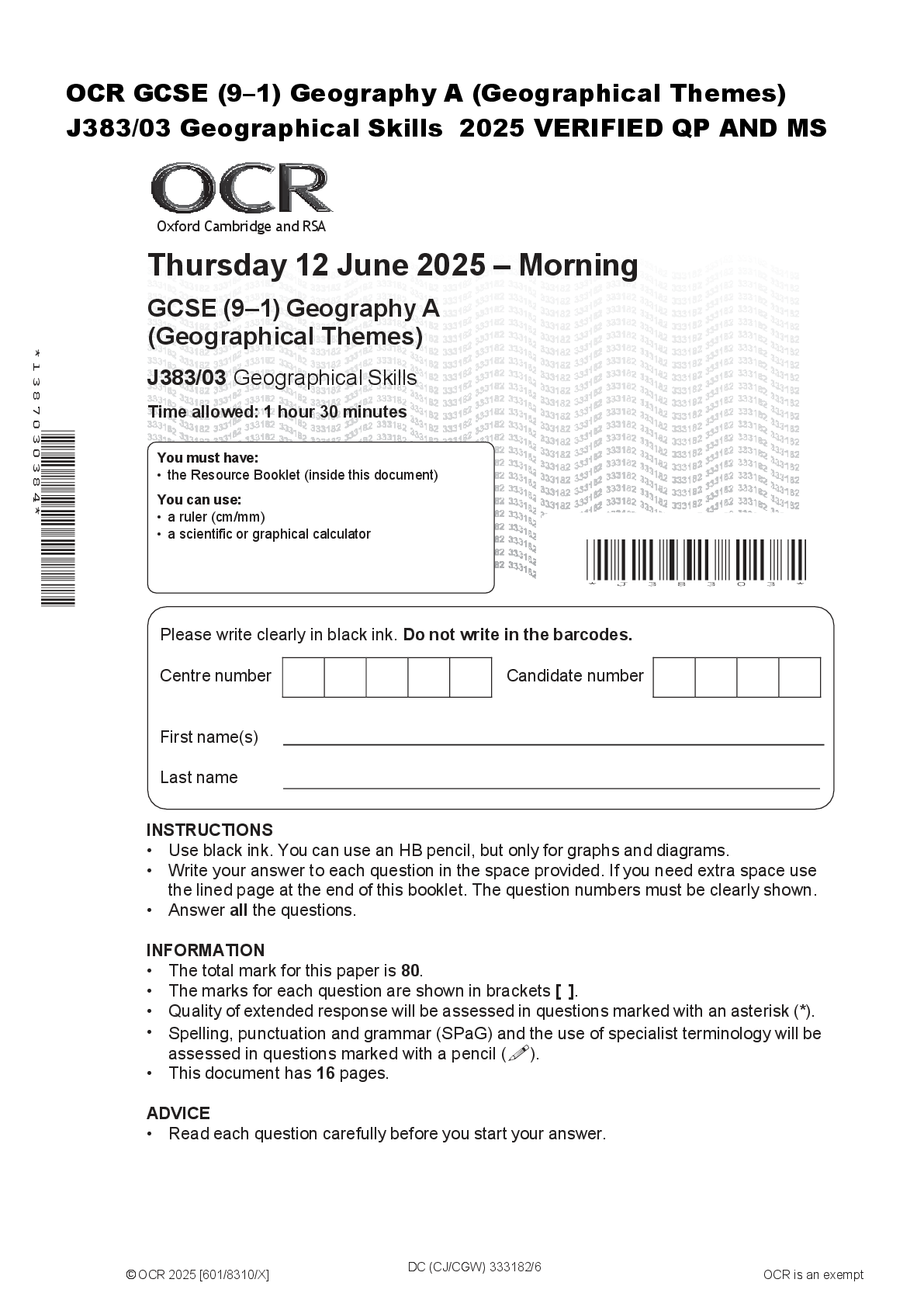 Recommended document preview for OCR GCSE (9–1) Geography A (Geographical Themes)  J383/03 Geographical Skills  2025 VERIFIED QP AND MS