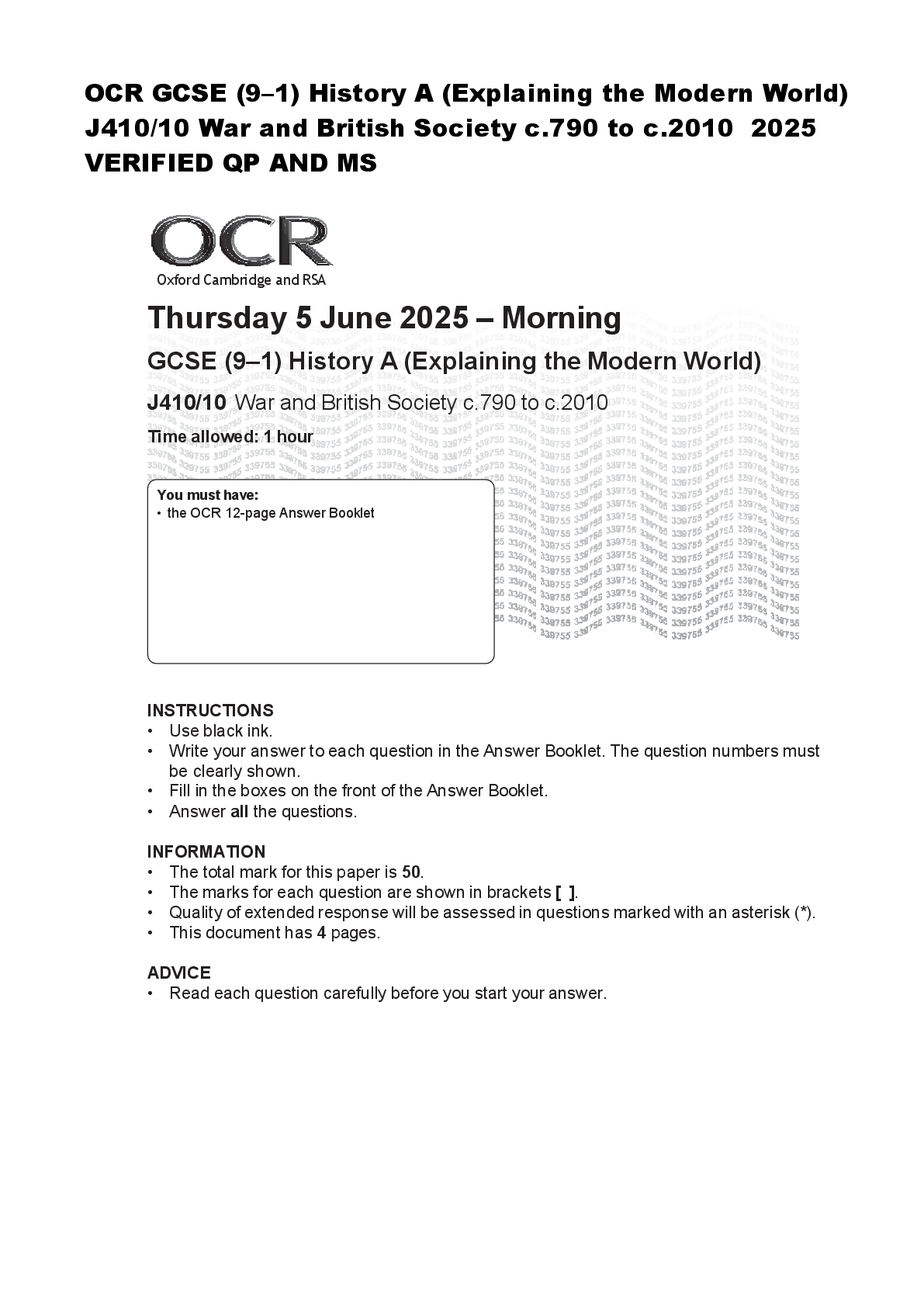 Recommended document preview for OCR GCSE (9–1) History A (Explaining the Modern World)  J410/10 War and British Society c.790 to c.2010  2025  VERIFIED QP AND MS