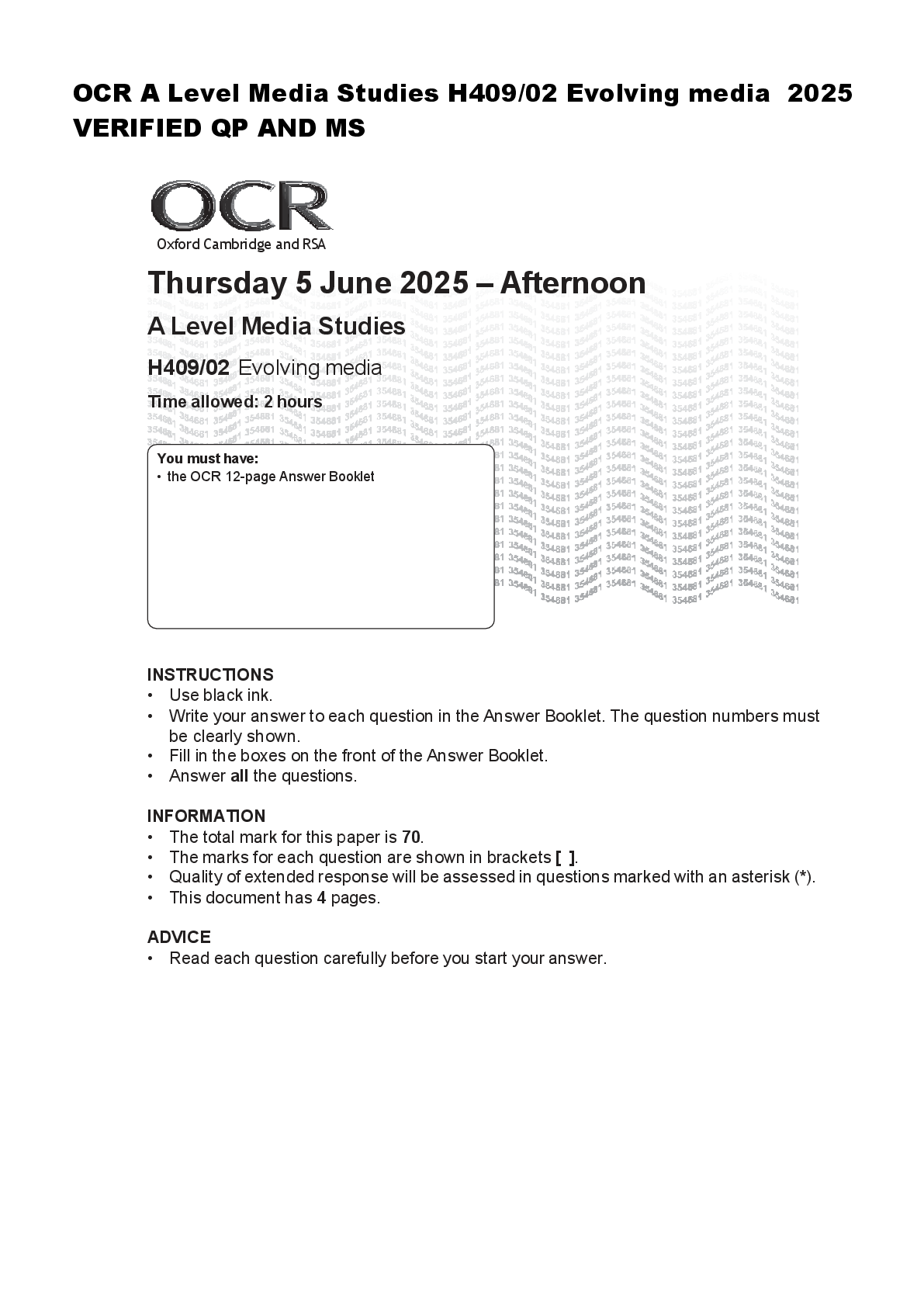 Preview of OCR A Level Media Studies H409/02 Evolving media  2025  VERIFIED QP AND MS