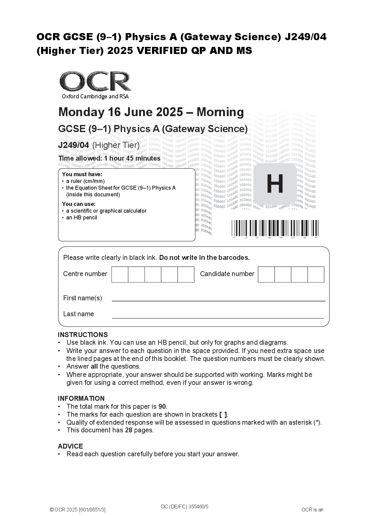 Preview image for OCR GCSE (9–1) Physics A (Gateway Science) J249/04  (Higher Tier) 2025 VERIFIED QP AND MS
