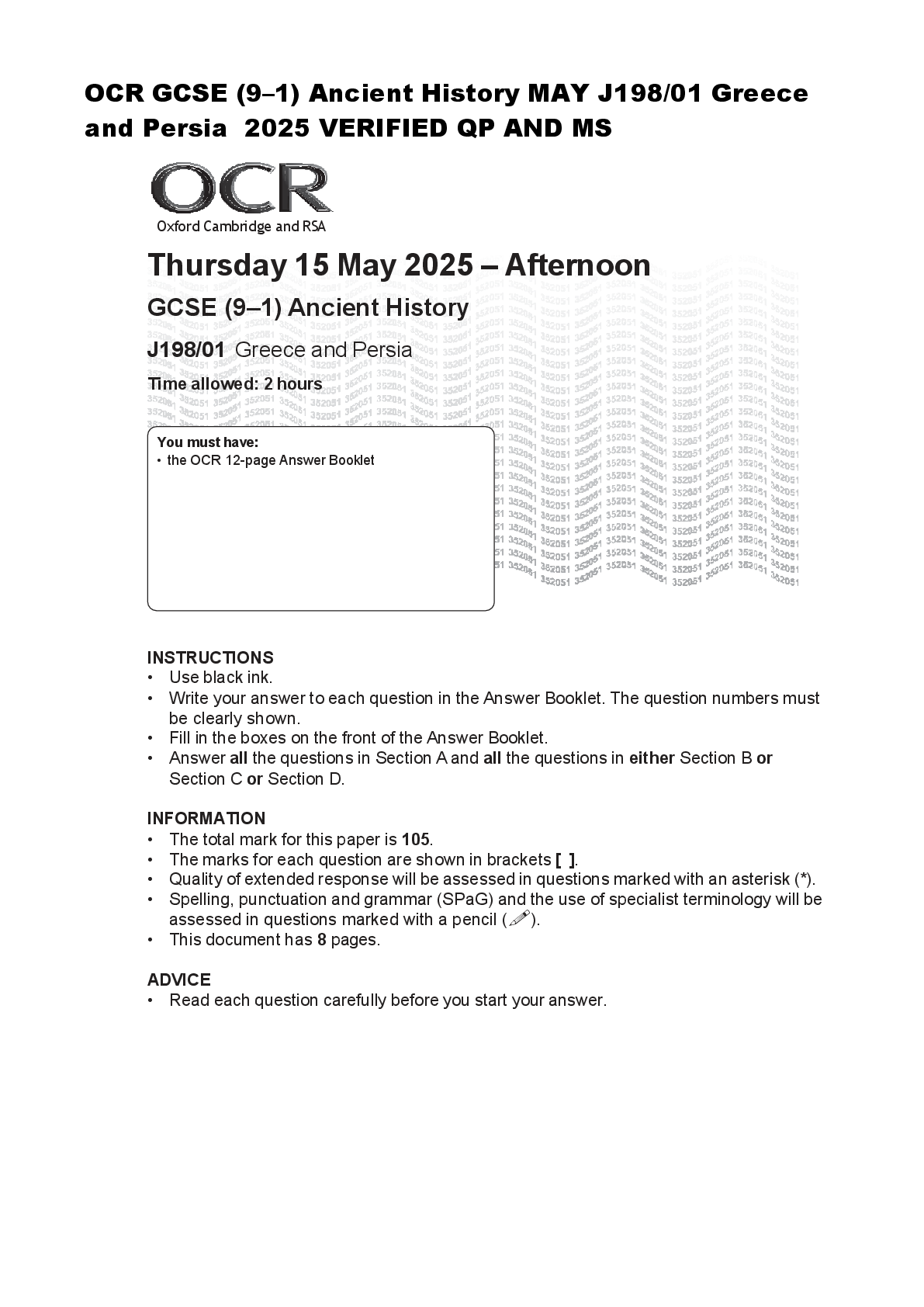 Recommended document preview for OCR GCSE (9–1) Ancient History MAY J198/01 Greece  and Persia  2025 VERIFIED QP AND MS