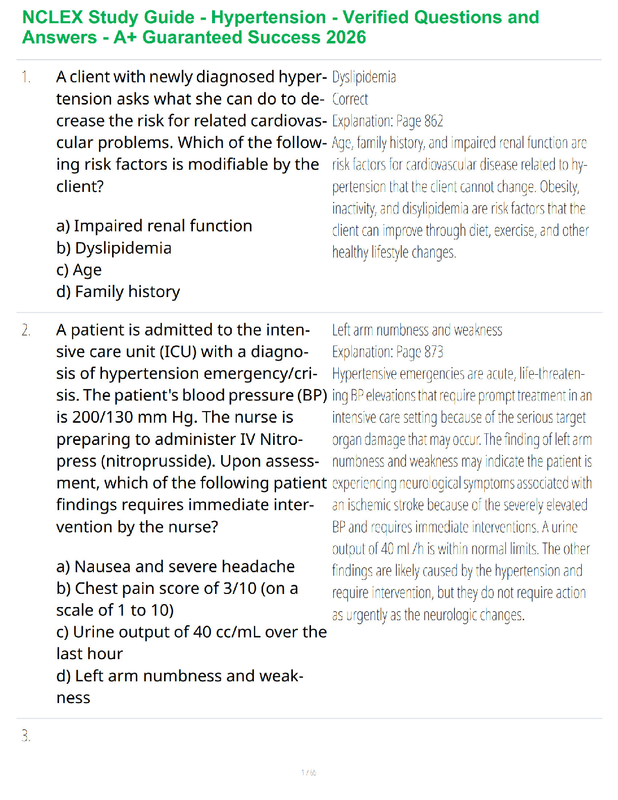 Recommended document preview for NCLEX Study Guide - Hypertension - Verified Questions and Answers - A+ Guaranteed Success 2026