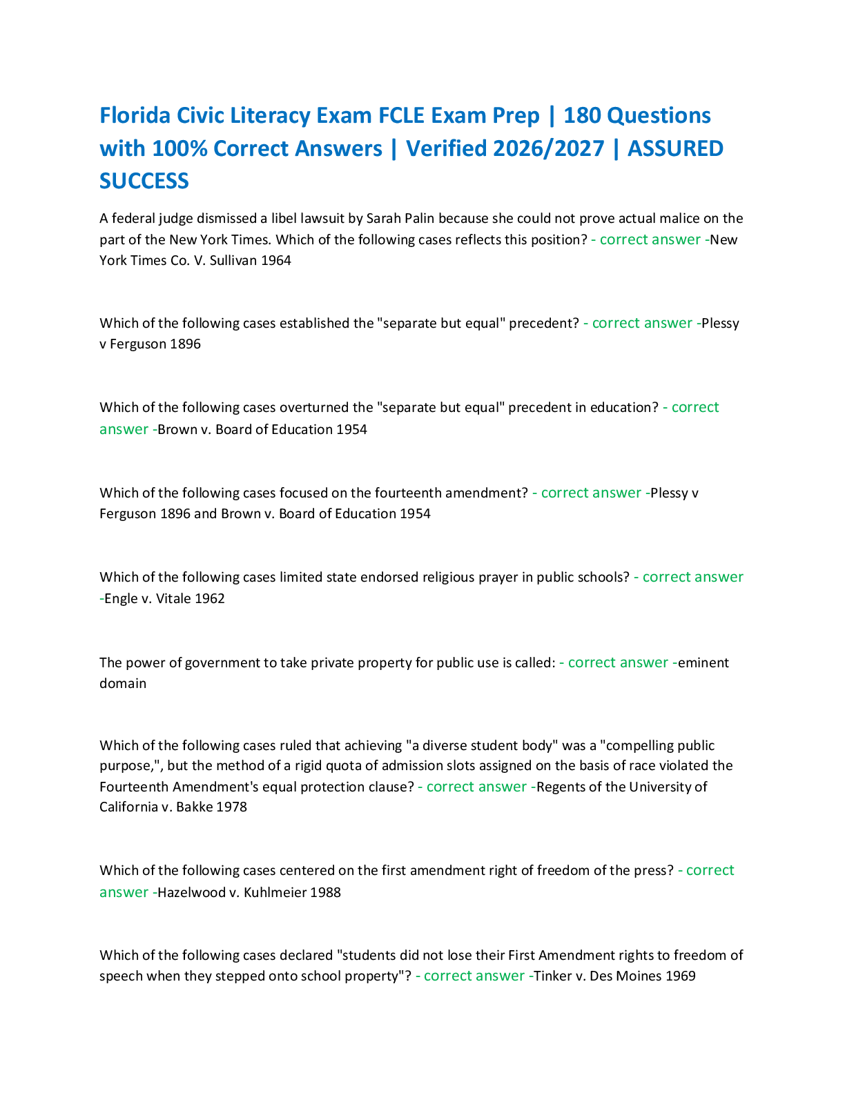 Preview of Florida Civic Literacy Exam FCLE Exam Prep | 180 Questions  with 100% Correct Answers | Ve