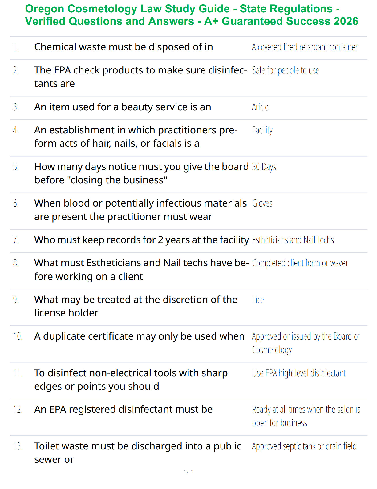 Preview of Oregon Cosmetology Law Study Guide - State Regulations - Verified Questions and Answers -