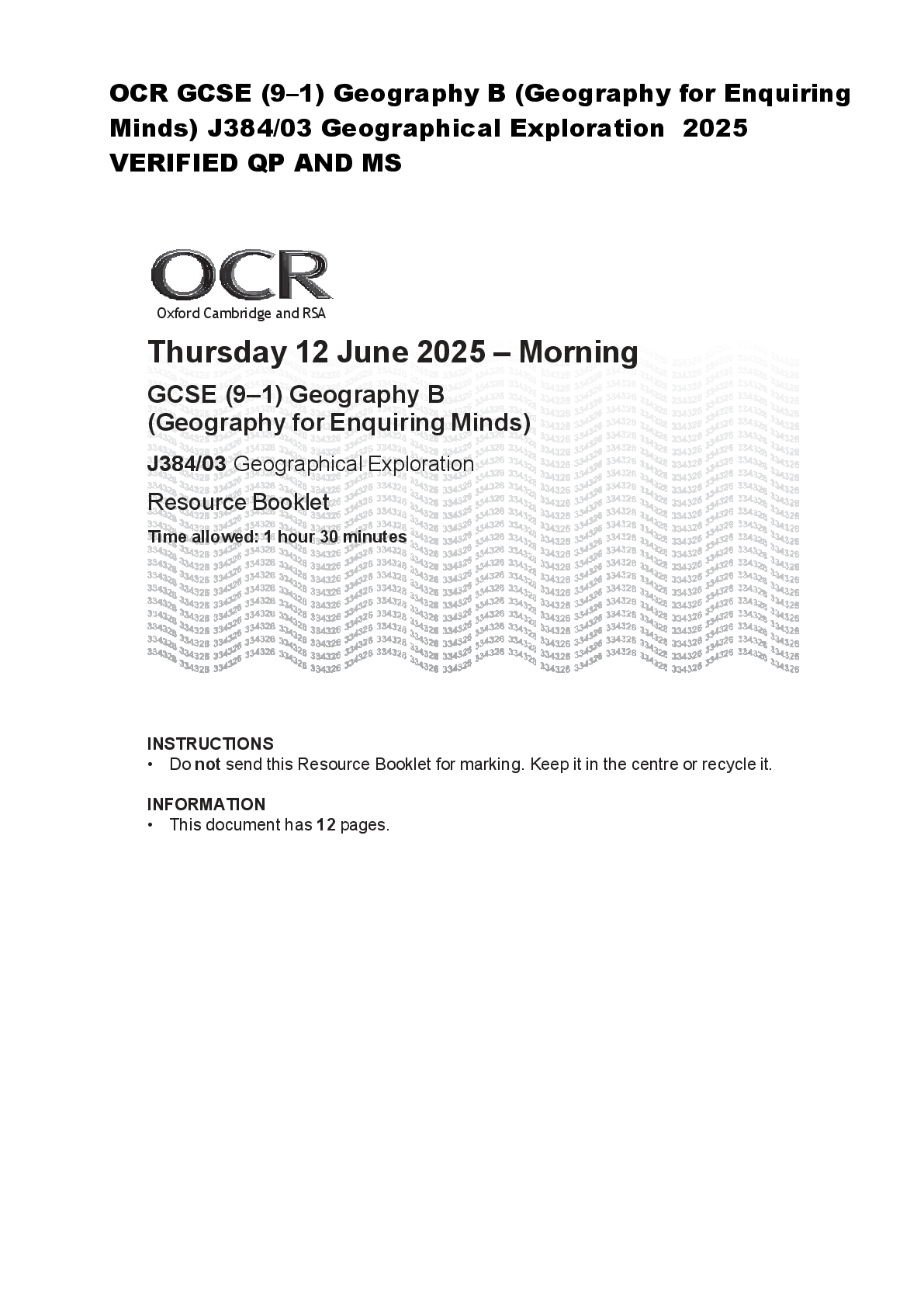 Preview of OCR GCSE (9–1) Geography B (Geography for Enquiring  Minds) J384/03 Geographical Exploration  2025  VERIFIED QP AND MS