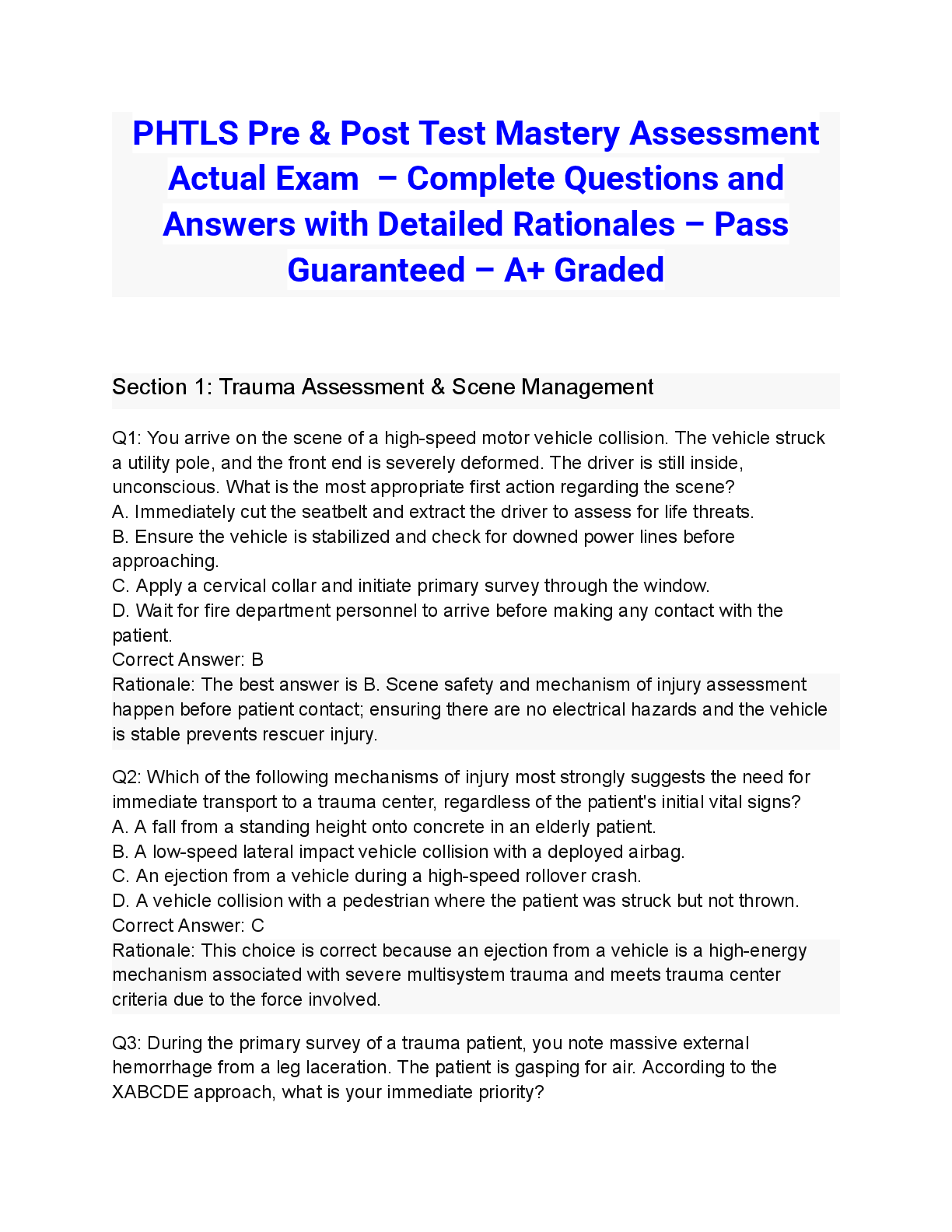 Preview of PHTLS Pre & Post Test Mastery Assessment Actual Exam 2026/2027 – Complete Questions and Answers with Detailed Rationales – Pass Guaranteed – A+ Graded