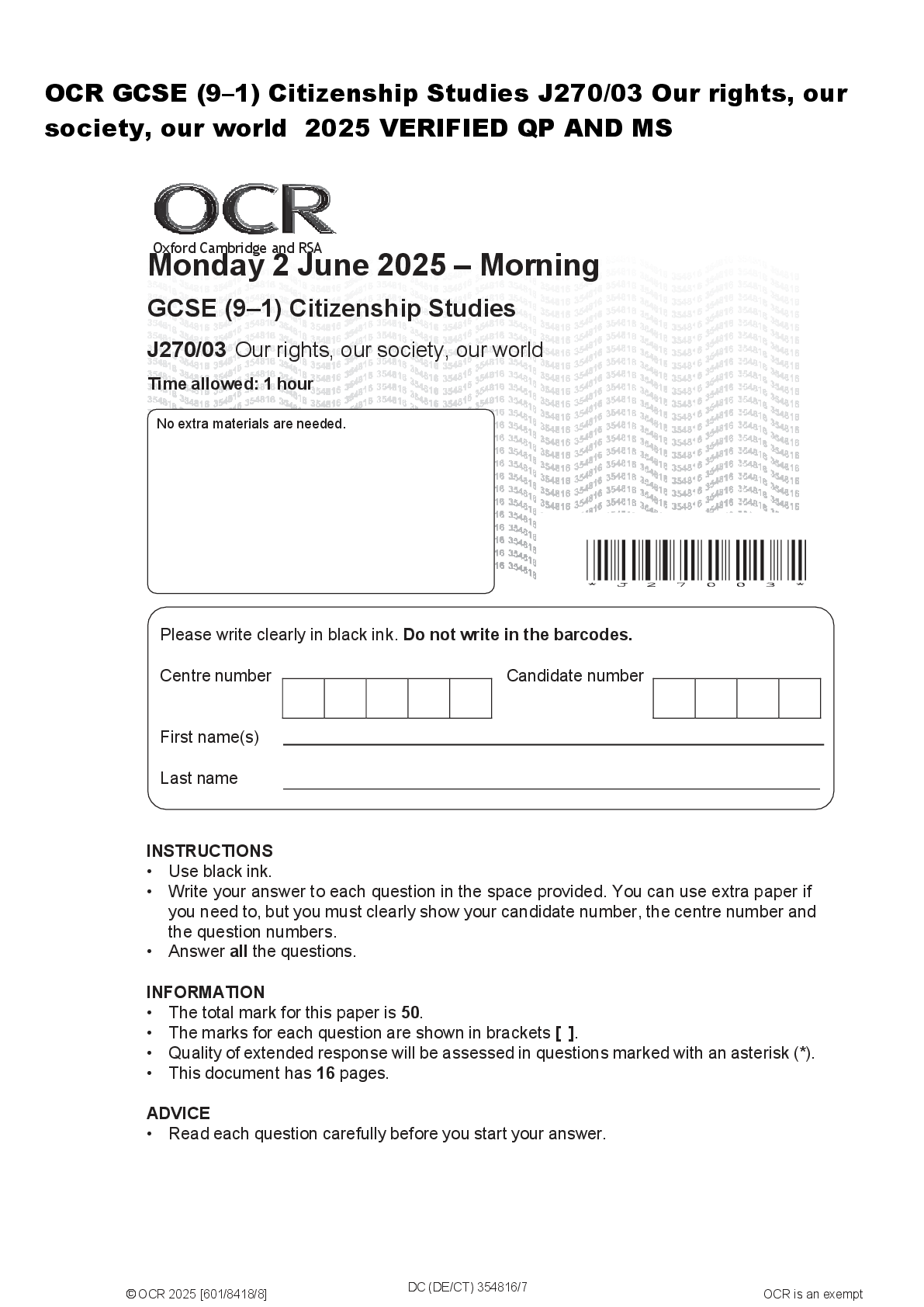 Recommended document preview for OCR GCSE (9–1) Citizenship Studies J270/03 Our rights, our  society, our world  2025 VERIFIED QP AND MS
