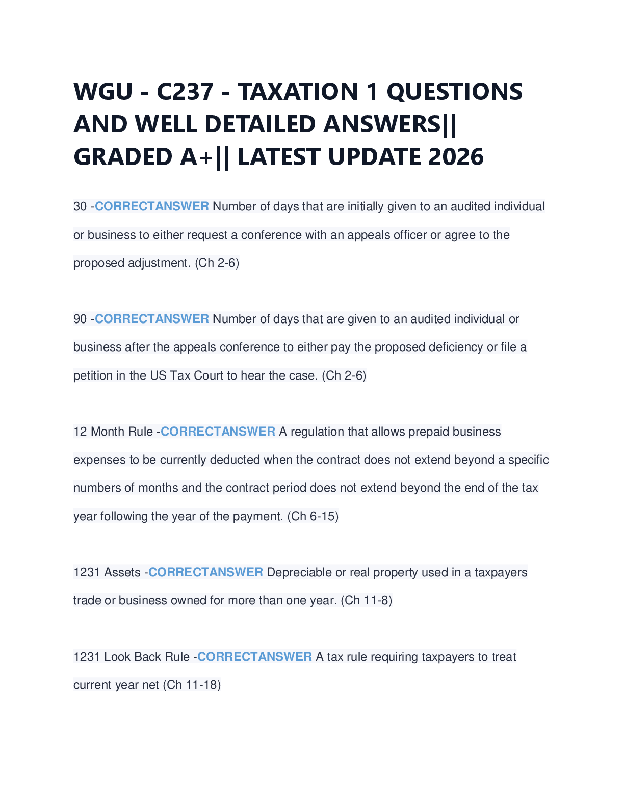 Recommended document preview for WGU - C237 - TAXATION 1 QUESTIONS  AND WELL DETAILED ANSWERS||  GRADED A+|| LATEST UPDATE 2026