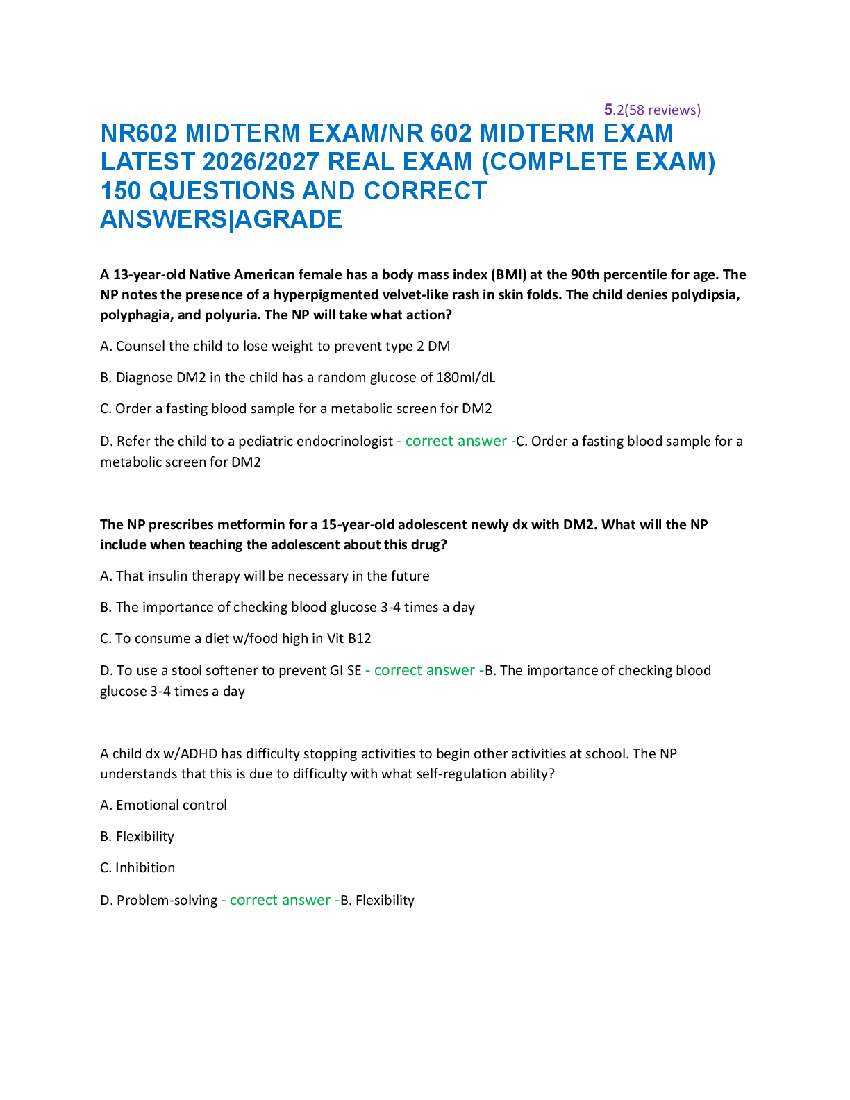 Recommended document preview for NR602 MIDTERM EXAM/NR 602 MIDTERM EXAM  LATEST 2026/2027 REAL EXAM (COMPLETE EXAM)  150 QUESTIONS AND CORRECT  ANSWERS|AGRADE