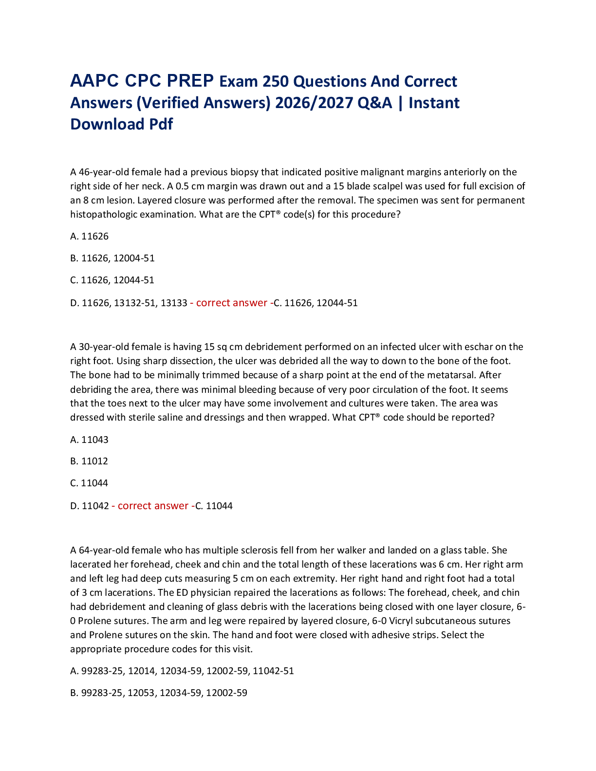 Recommended document preview for AAPC CPC PREP Exam 250 Questions And Correct  Answers (Verified Answers) 2026/2027 Q&A | Instant  Download Pdf