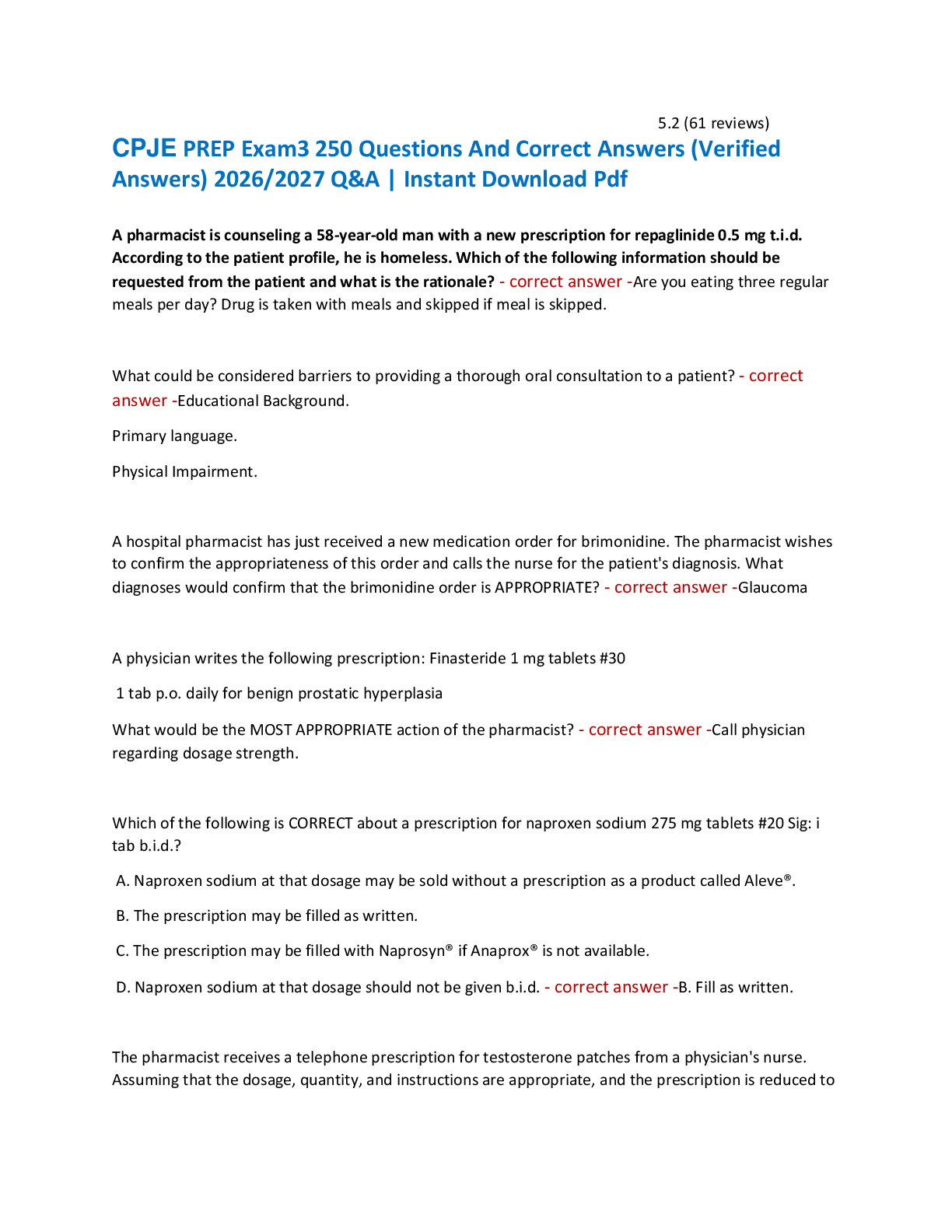 Recommended document preview for CPJE PREP Exam3 250 Questions And Correct Answers (Verified  Answers) 2026/2027 Q&A | Instant Download Pdf