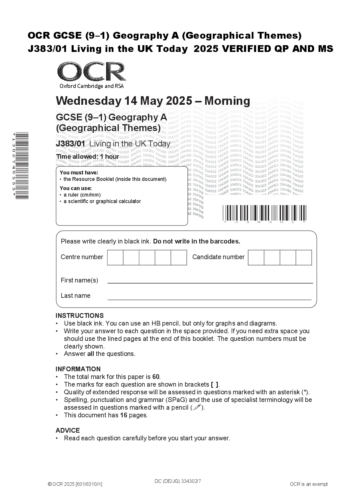 Recommended document preview for OCR GCSE (9–1) Geography A (Geographical Themes)  J383/01 Living in the UK Today  2025 VERIFIED QP AND MS