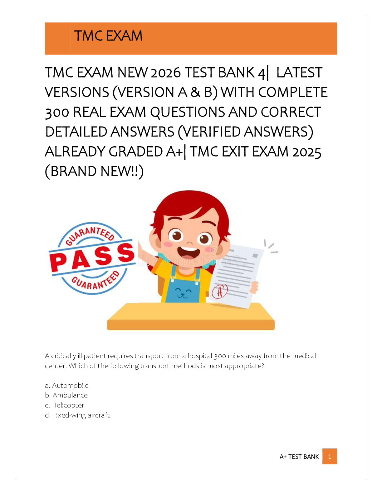 Preview of TMC EXAM NEW 2026 TEST BANK 4|  LATEST  VERSIONS (VERSION A & B) WITH COMPLETE  300 REAL E