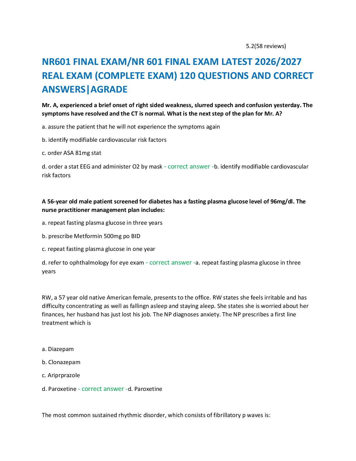 Recommended document preview for NR601 FINAL EXAM/NR 601 FINAL EXAM LATEST 2026/2027  REAL EXAM (COMPLETE EXAM) 120 QUESTIONS AND CORRECT  ANSWERS|AGRADE