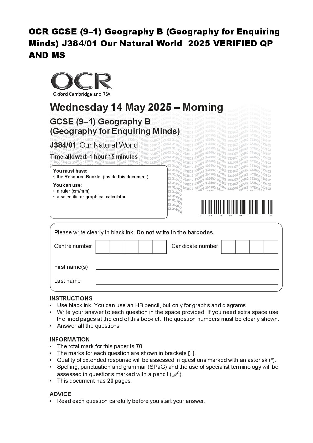 Recommended document preview for OCR GCSE (9–1) Geography B (Geography for Enquiring  Minds) J384/01 Our Natural World  2025 VERIFIED QP  AND MS