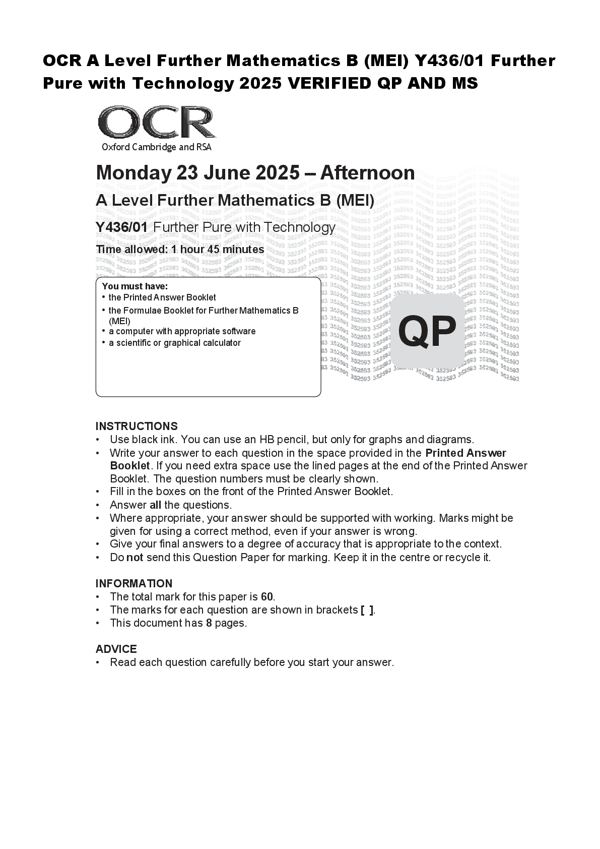 Preview of OCR A Level Further Mathematics B (MEI) Y433/01  Modelling with Algorithms 2025 VERIFIED QP AND MS