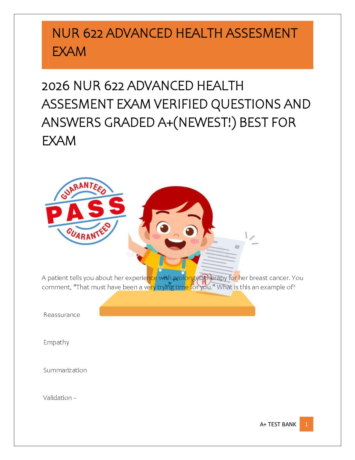 Preview of 2026 NUR 622 ADVANCED HEALTH  ASSESMENT EXAM VERIFIED QUESTIONS AND  ANSWERS GRADED A+(NEW