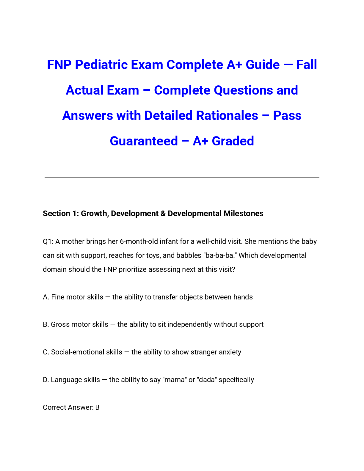 Preview of FNP Pediatric Exam Complete A+ Guide — Fall 2026/2027 Actual Exam – Complete Questions and Answers with Detailed Rationales – Pass Guaranteed – A+ Graded