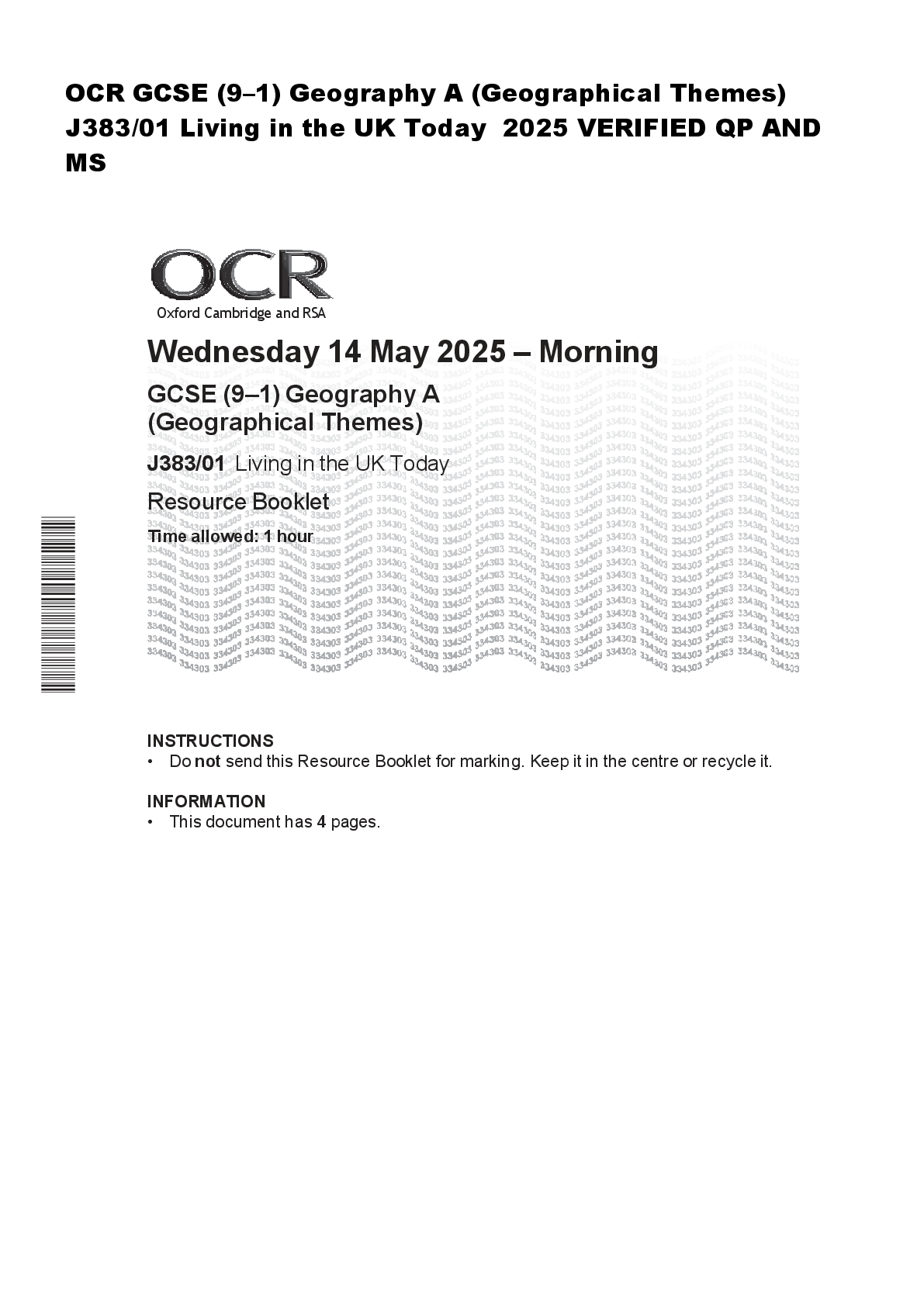 Preview of OCR GCSE (9–1) Geography A (Geographical Themes)  J383/01 Living in the UK Today  2025 VERIFIED QP AND  MS
