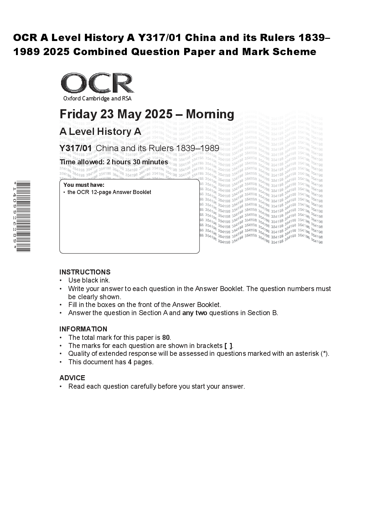 Recommended document preview for OCR A Level History A Y317/01 China and its Rulers 1839 1989 2025 Combined Question Paper and Mark Scheme