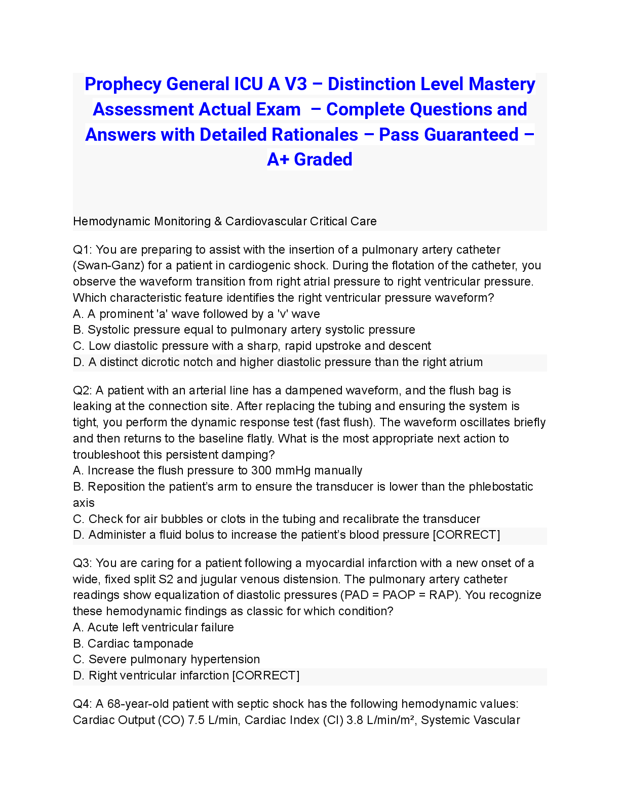 Preview of Prophecy General ICU A V3 – Distinction Level Mastery Assessment Actual Exam 2026/2027 – Complete Questions and Answers with Detailed Rationales – Pass Guaranteed – A+ Graded