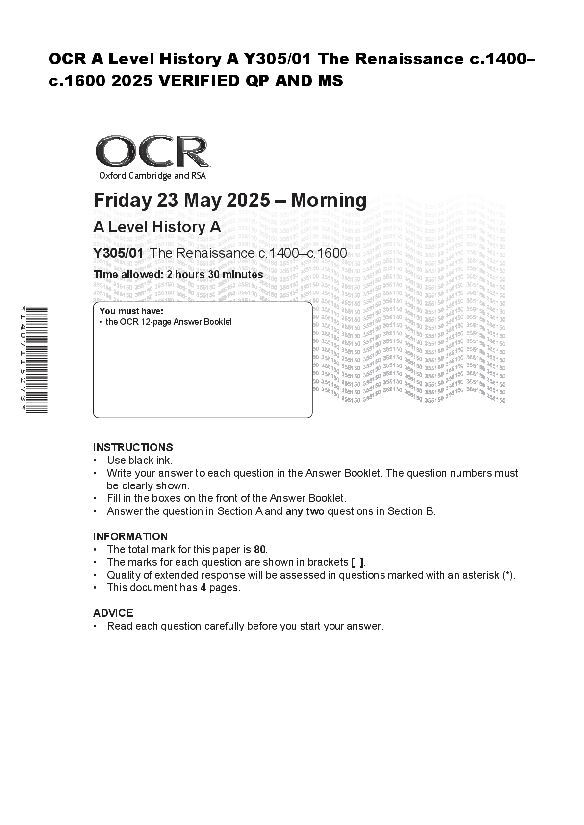 Recommended document preview for OCR A Level History A Y305/01 The Renaissance c.1400 c.1600 2025 VERIFIED QP AND MS