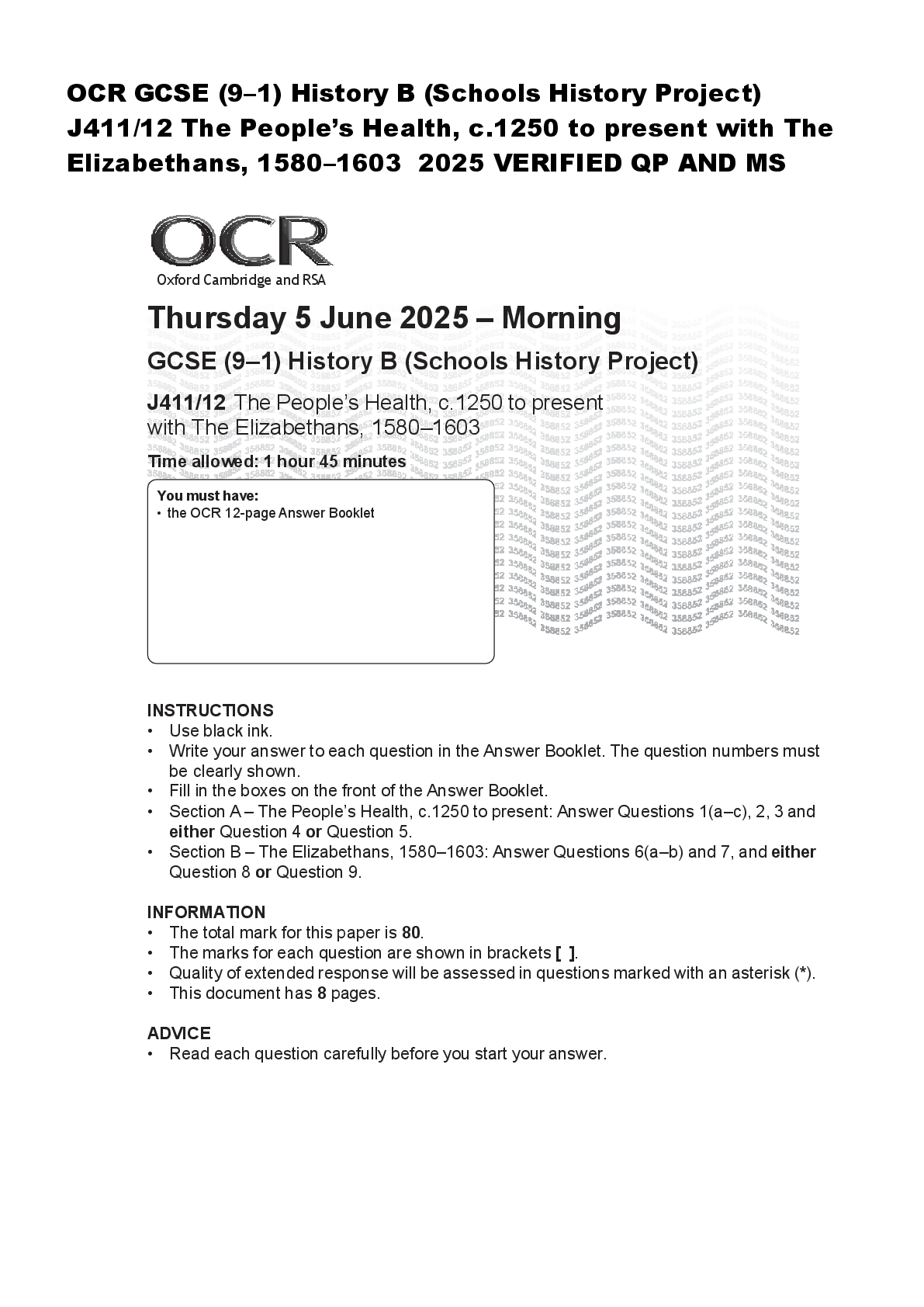 Recommended document preview for OCR GCSE (9–1) History B (Schools History Project)  J411/12 The People’s Health, c.1250 to present with The  Elizabethans, 1580–1603  2025 VERIFIED QP AND MS