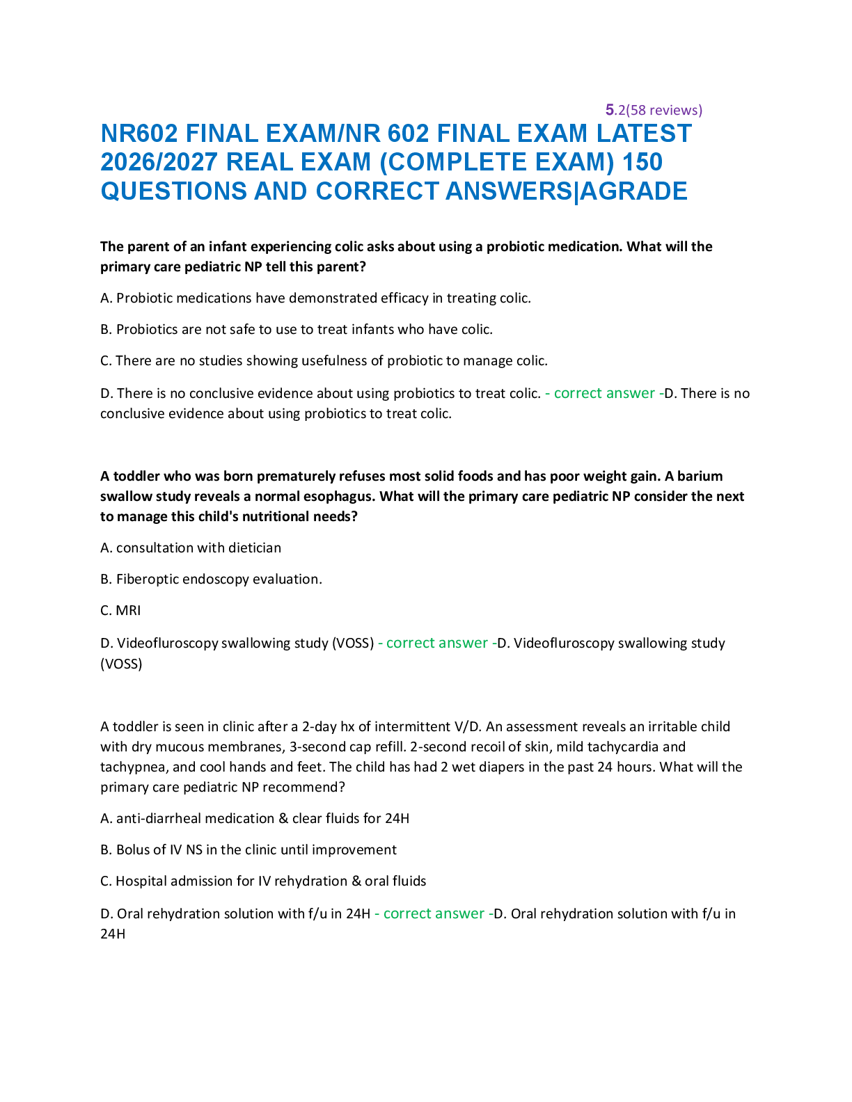 Recommended document preview for NR602 FINAL EXAM/NR 602 FINAL EXAM LATEST  2026/2027 REAL EXAM (COMPLETE EXAM) 150  QUESTIONS AND CORRECT ANSWERS|AGRADE