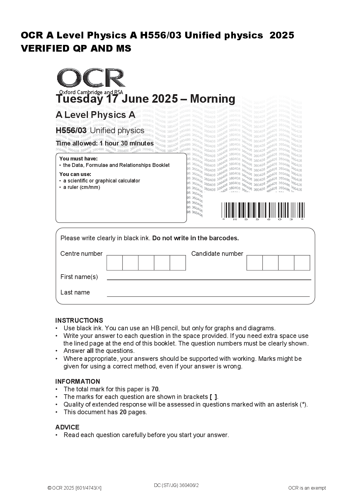 Recommended document preview for OCR A Level Physics A H556/03 Unified physics  2025  VERIFIED QP AND MS