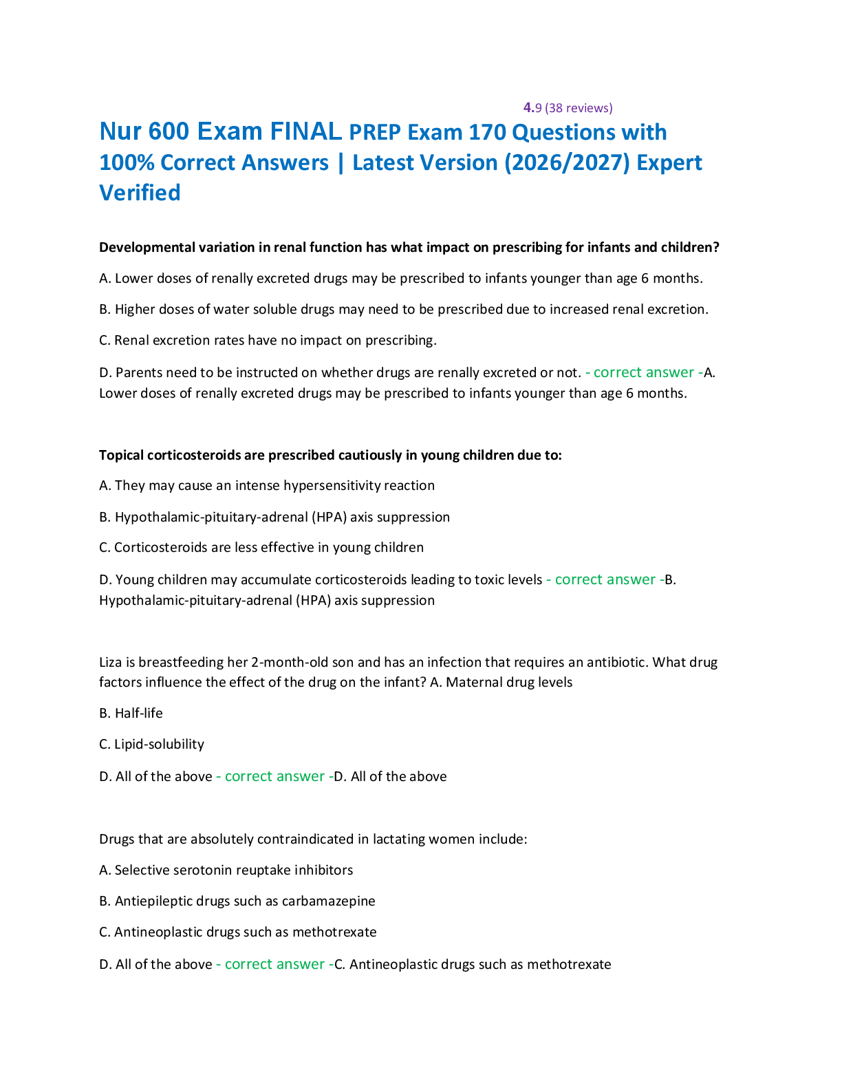 Recommended document preview for Nur 600 Exam FINAL PREP Exam 170 Questions with  100% Correct Answers | Latest Version (2026/2027) Expert  Verified