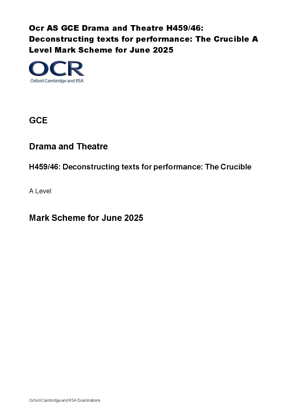Recommended document preview for Ocr AS GCE Drama and Theatre H459/46:  Deconstructing texts for performance: The Crucible A  Level Mark Scheme for June 2025