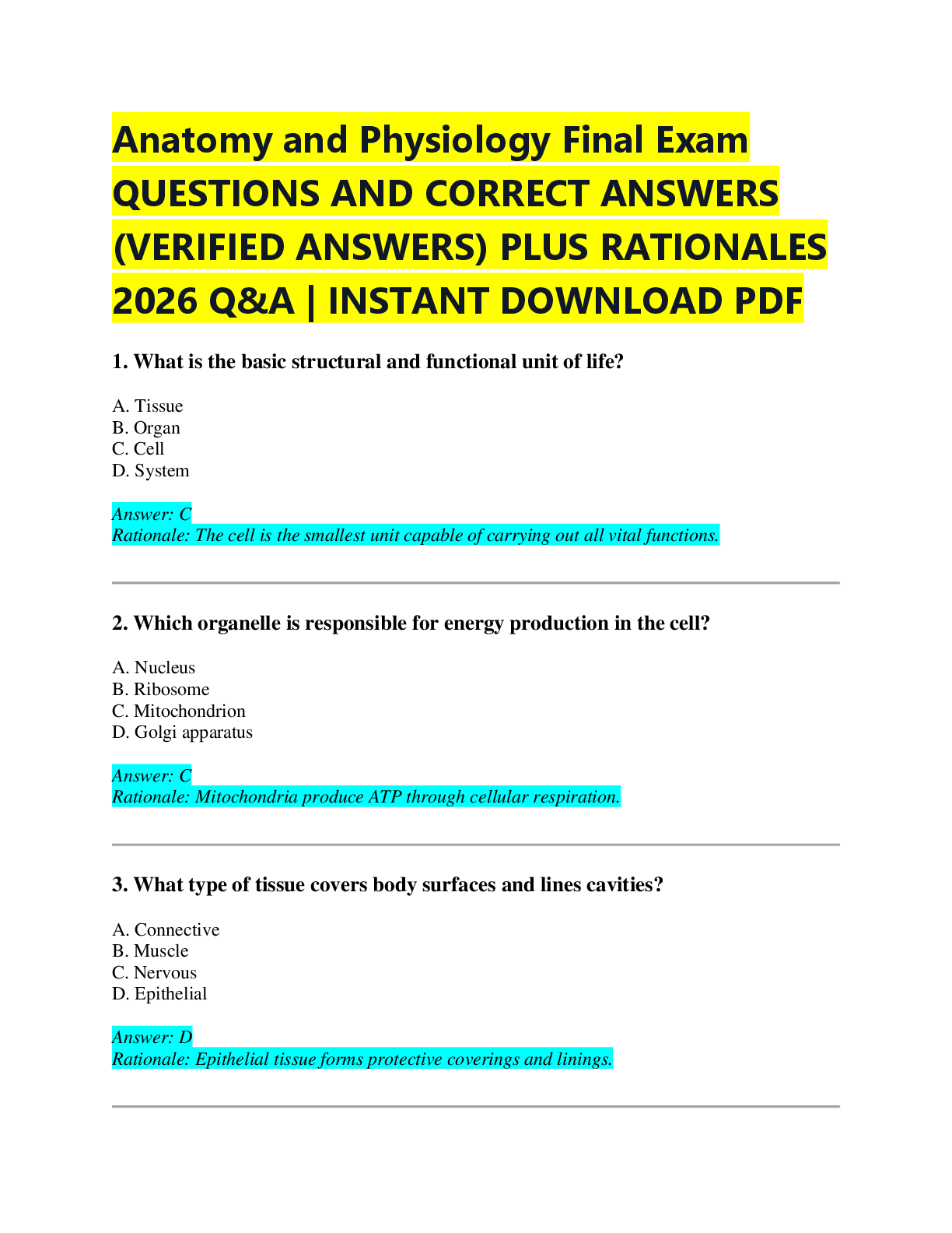 Preview of Anatomy and Physiology Final Exam  QUESTIONS AND CORRECT ANSWERS  (VERIFIED ANSWERS) PLUS