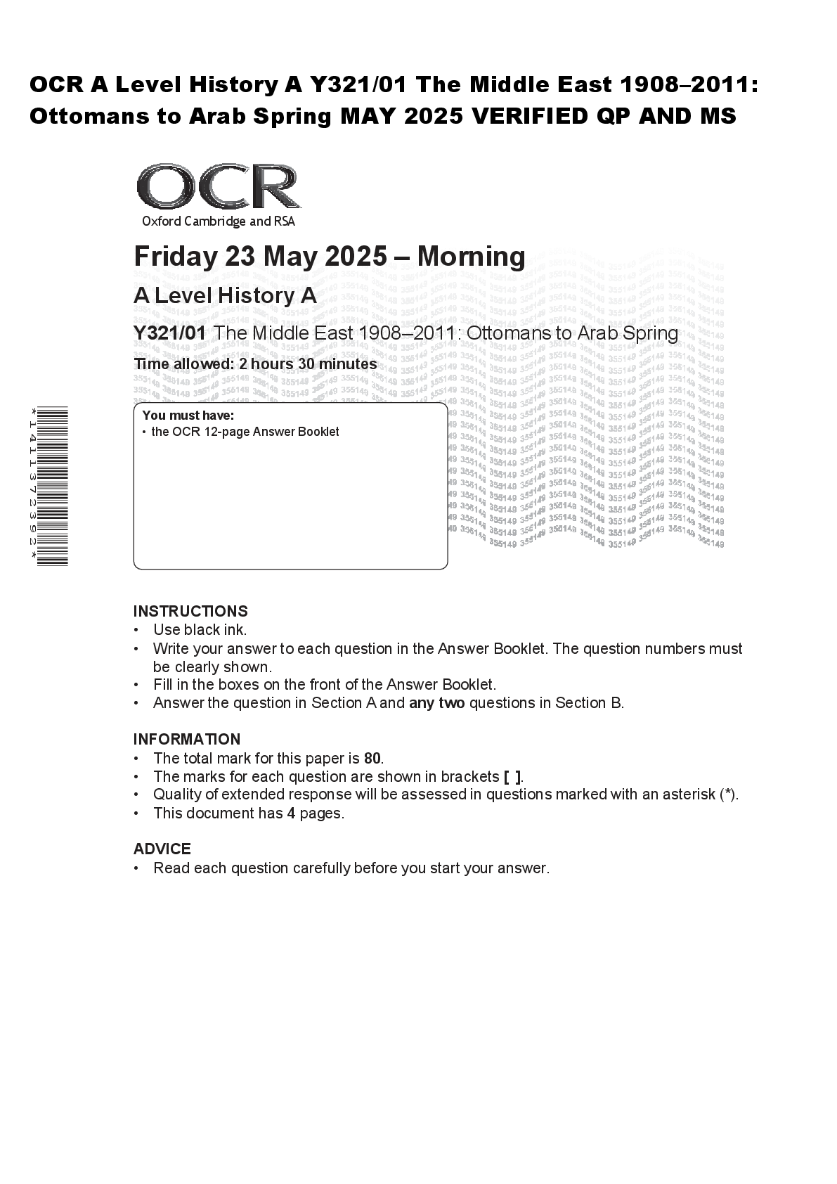Recommended document preview for OCR A Level History A Y321/01 The Middle East 1908–2011:  Ottomans to Arab Spring MAY 2025 VERIFIED QP AND MS