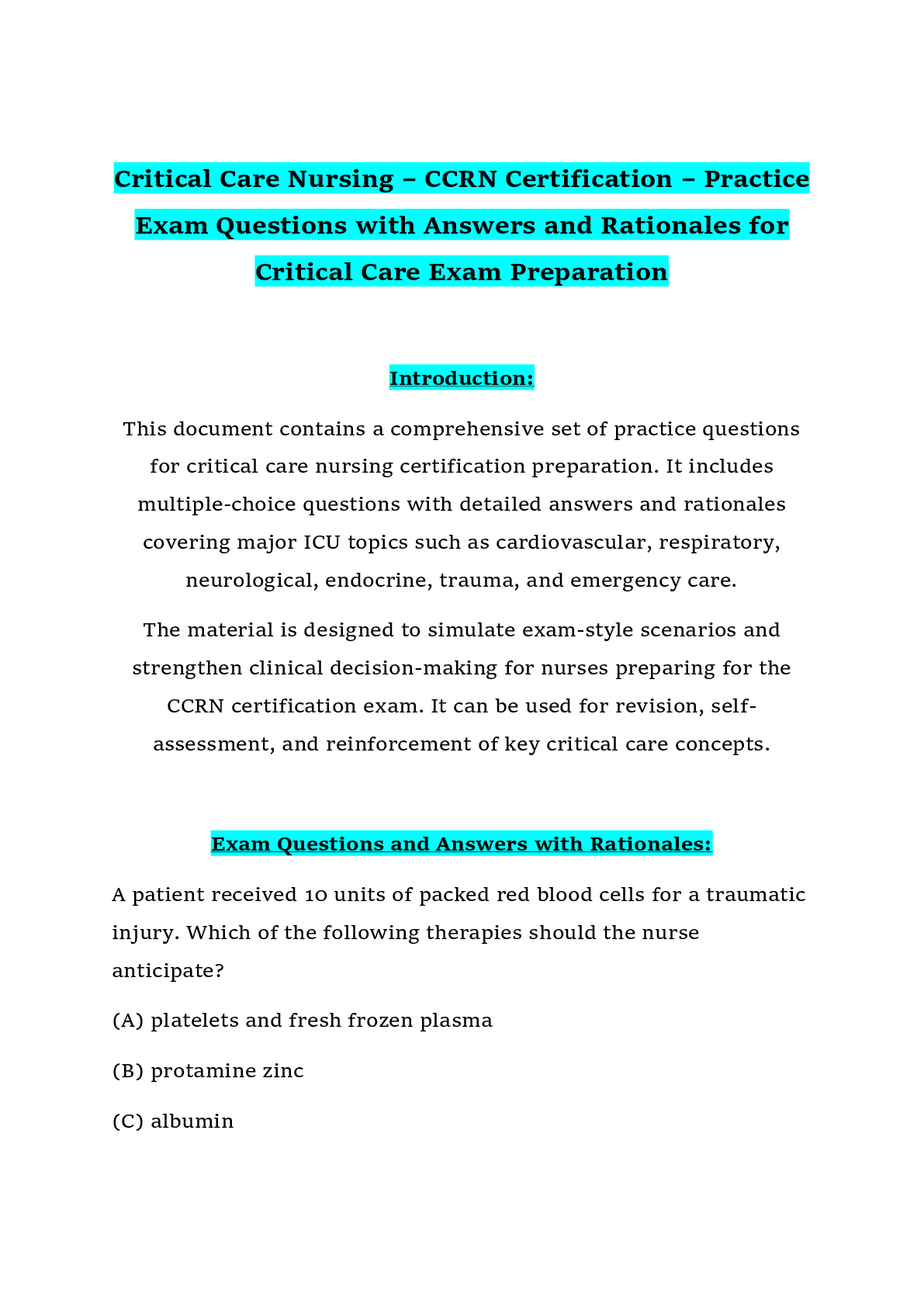 Preview of Critical Care Nursing – CCRN Certification – Practice Exam Questions with Answers and Rationales for Critical Care Exam Preparation