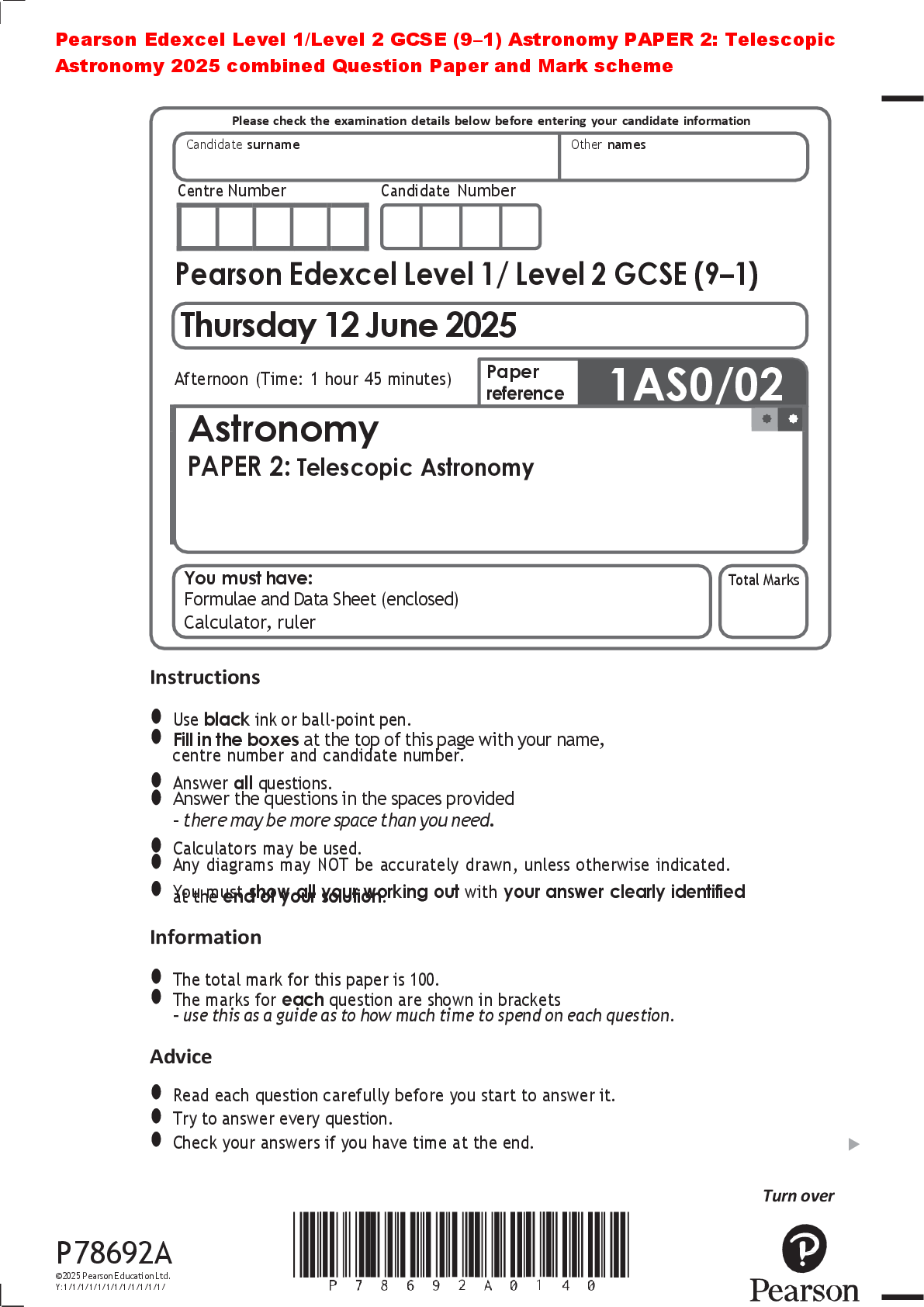 Recommended document preview for Pearson Edexcel Level 1/Level 2 GCSE (9–1) Astronomy PAPER 2: Telescopic Astronomy 2025 combined Question Paper and Mark scheme