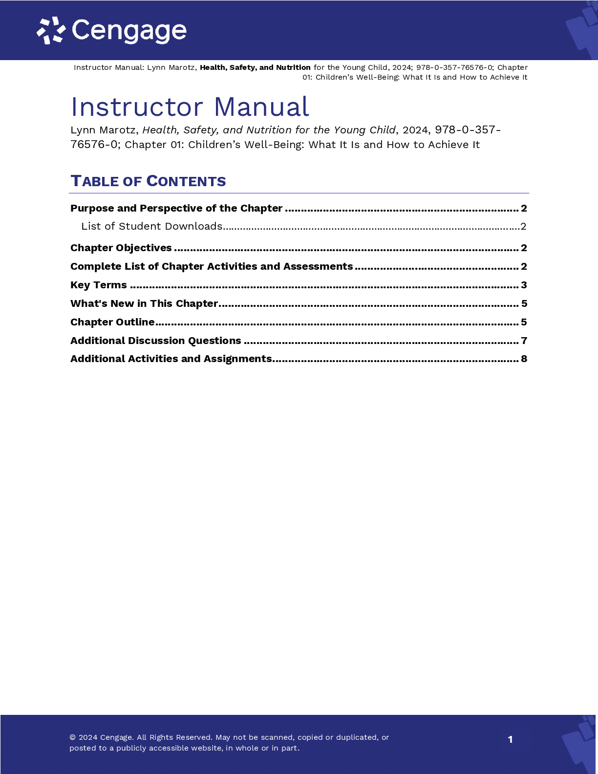Recommended document preview for Instructor's Manual For Health Safety and Nutrition for the Young Child 11th Edition By Lynn Marotz
