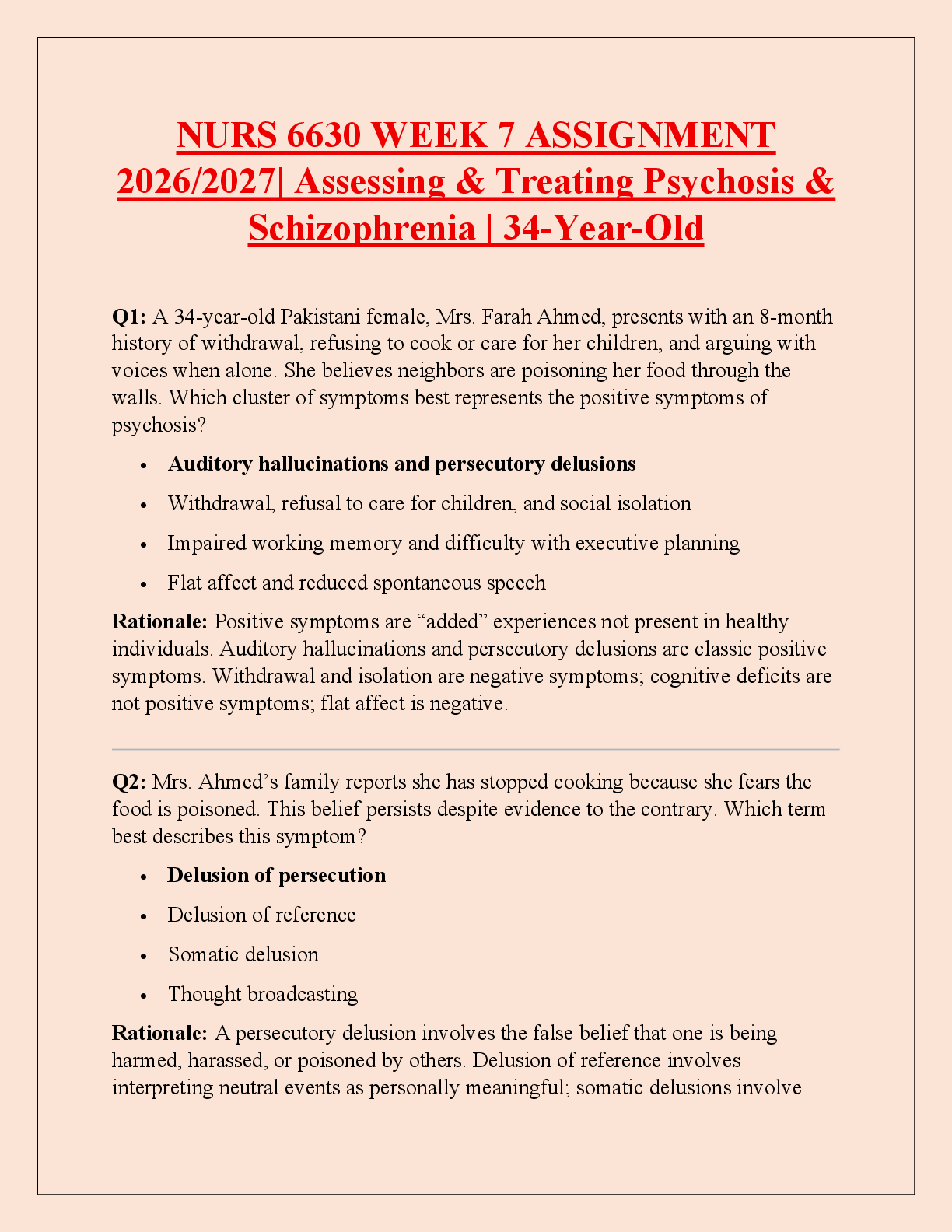 Recommended document preview for NURS 6630 WEEK 7 ASSIGNMENT  2026/2027| Assessing & Treating Psychosis &  Schizophrenia | 34-Year-Old