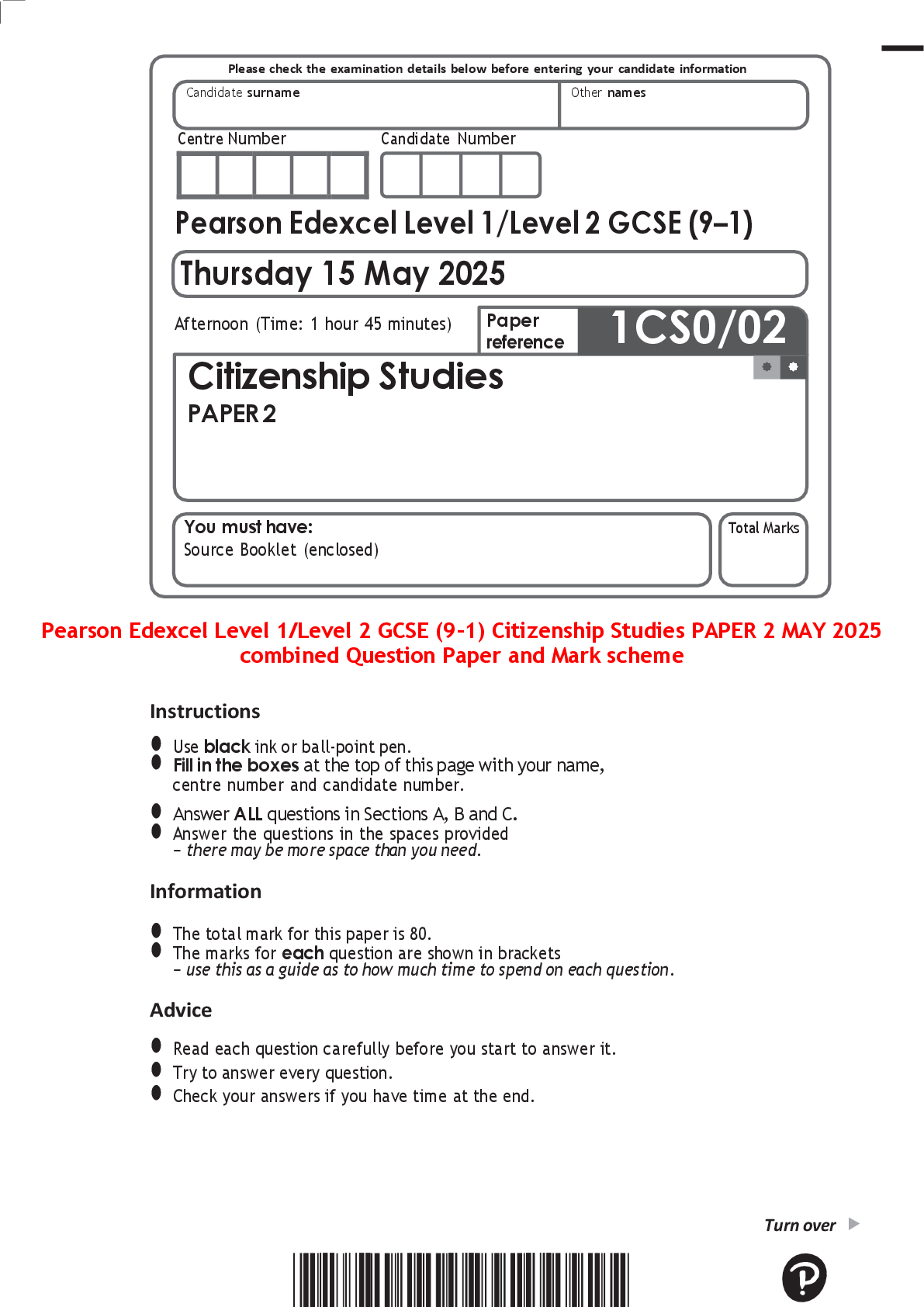 Preview of Pearson Edexcel Level 1/Level 2 GCSE (9–1) Citizenship Studies PAPER 2 MAY 2025 combined Question Paper and Mark scheme
