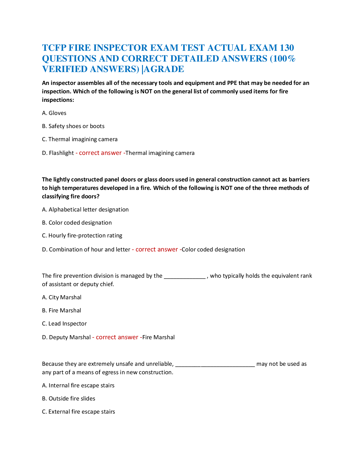 TCFP FIRE INSPECTOR EXAM TEST ACTUAL EXAM 130  QUESTIONS AND CORRECT DETAILED ANSWERS (100%  VERIFIED ANSWERS) |AGRADE