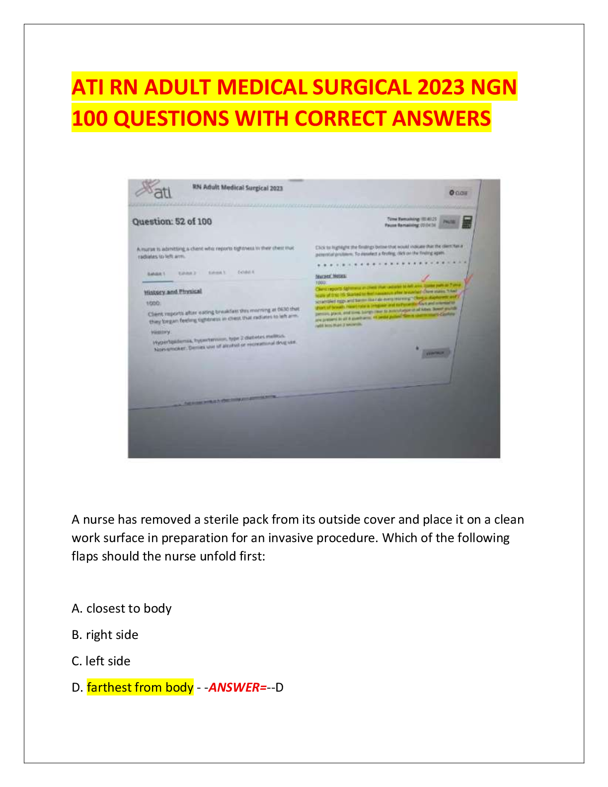 Recommended document preview for ATI RN ADULT MEDICAL SURGICAL 2023 NGN  100 QUESTIONS WITH CORRECT ANSWERS