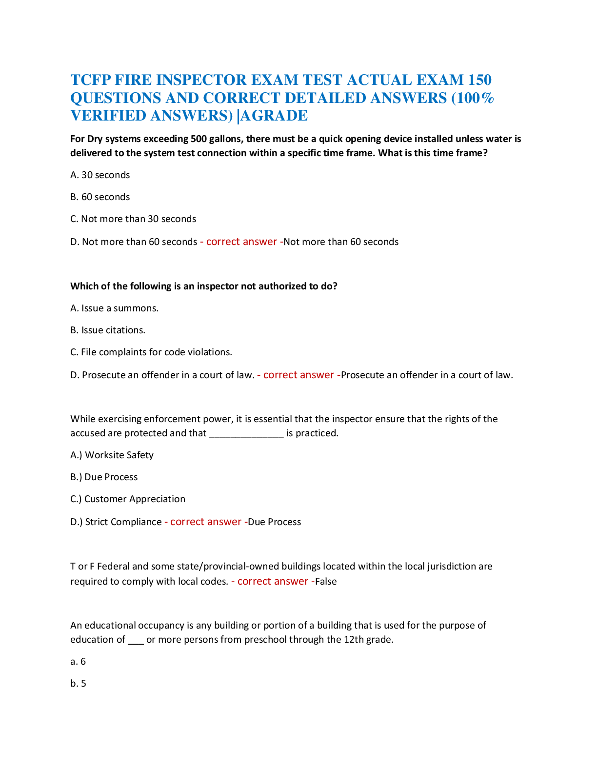 TCFP FIRE INSPECTOR EXAM TEST ACTUAL EXAM 150  QUESTIONS AND CORRECT DETAILED ANSWERS (100%  VERIFIED ANSWERS) |AGRADE